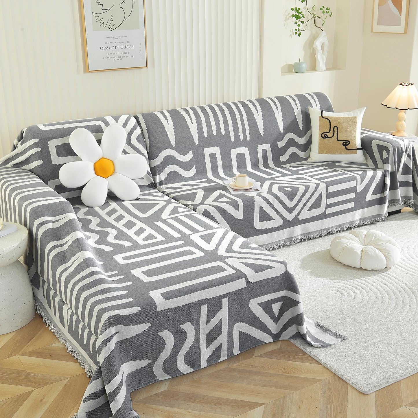 Royhom Sectional Couch Covers 2 Pieces, L Shaped Couch Cover Blanket, Boho Sofa Covers Washable, Sofa Slipcover with Tassel, Suitable for All Seasons (71"x118"+71"x118", Dark Grey)