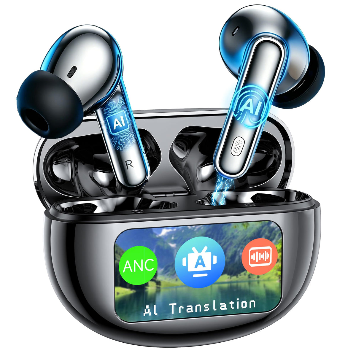 AI Translation Earbuds Real Time,199 Language Translator Earbuds,Bluetooth 6.1 Audifonos Traductores Inglés Español,4 ANC Mic Translating Device,Translate Ear Buds for Travel Learning with LCD Touch