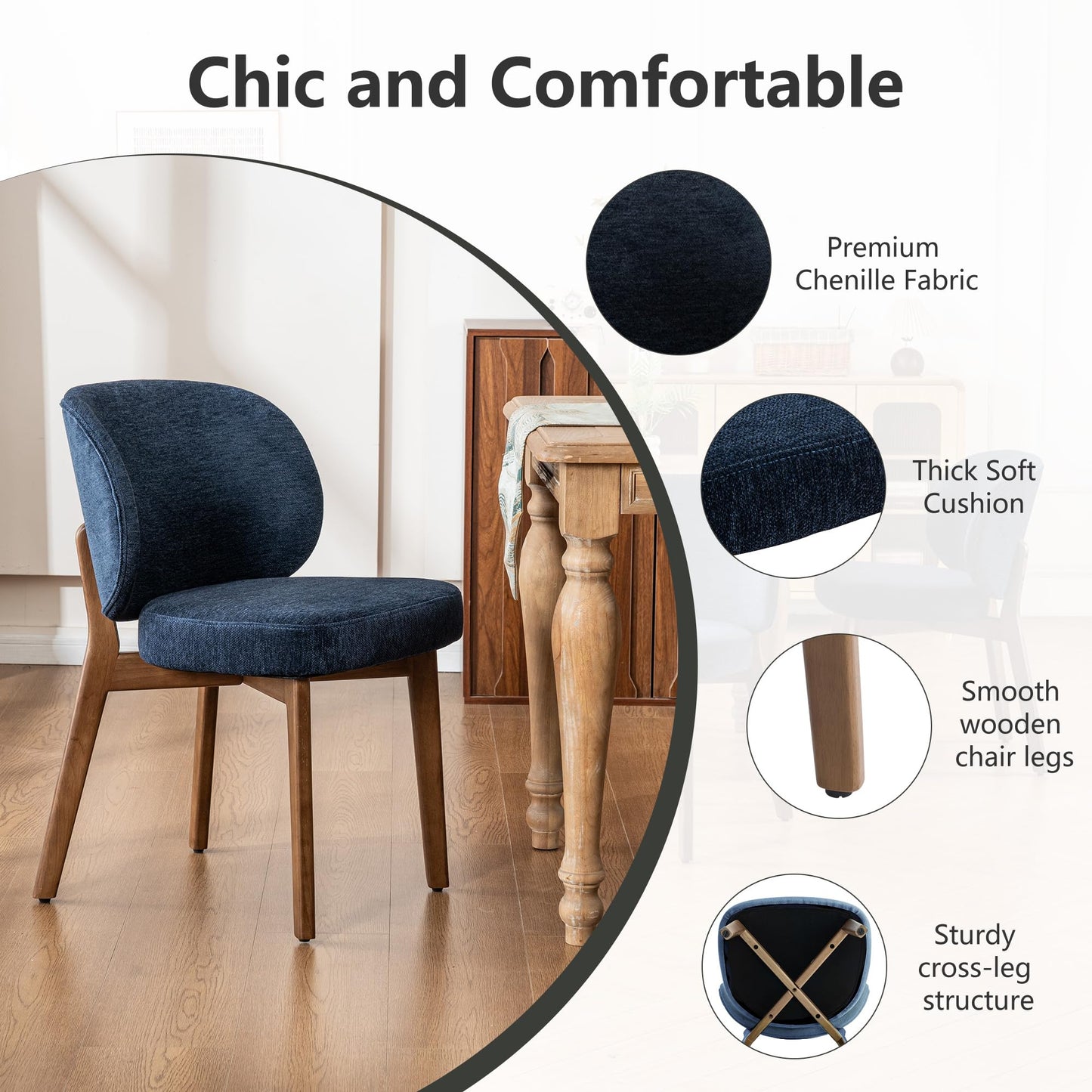 YOUNIKE Dining Chair with Back Single Mid Century Modern Kitchen Chair Boucle Fabric Upholstered Armless Chair 20" Wide Padded Seat with Wooden Legs for Kitchen Dining Living Room Bedroom Navy Blue