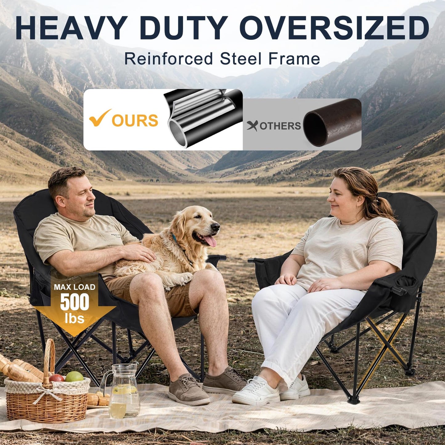 Oversized Camping Chairs for Adult - Heavy Duty Padded Portable Folding Chair XL Collapsible Camp Chair with Cup Holder Side Pocket Outdoor Lawn Beach Sport Fishing Support 500LBS, Black 2 Pack