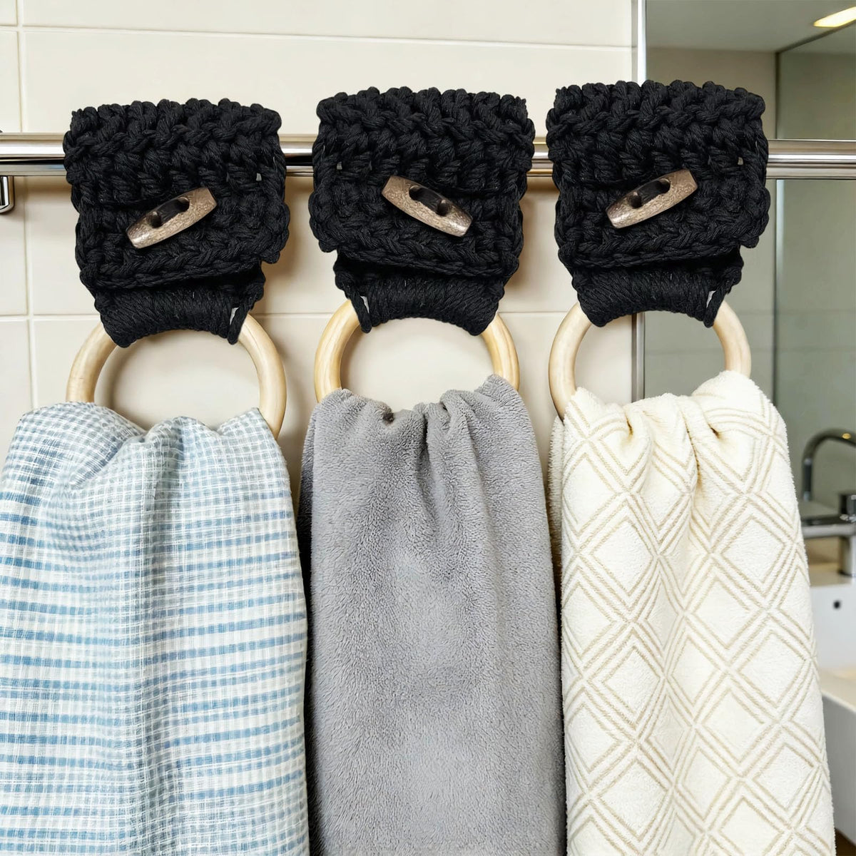 Aerbee Macrame Towel Holder Ring, 3PCS Kitchen Towel Hooks for Kitchen & Bathroom, Decorative Boho Style Kitchen Oven Towel Hanger Loop Ring, Unique Gift for Christmas, Black