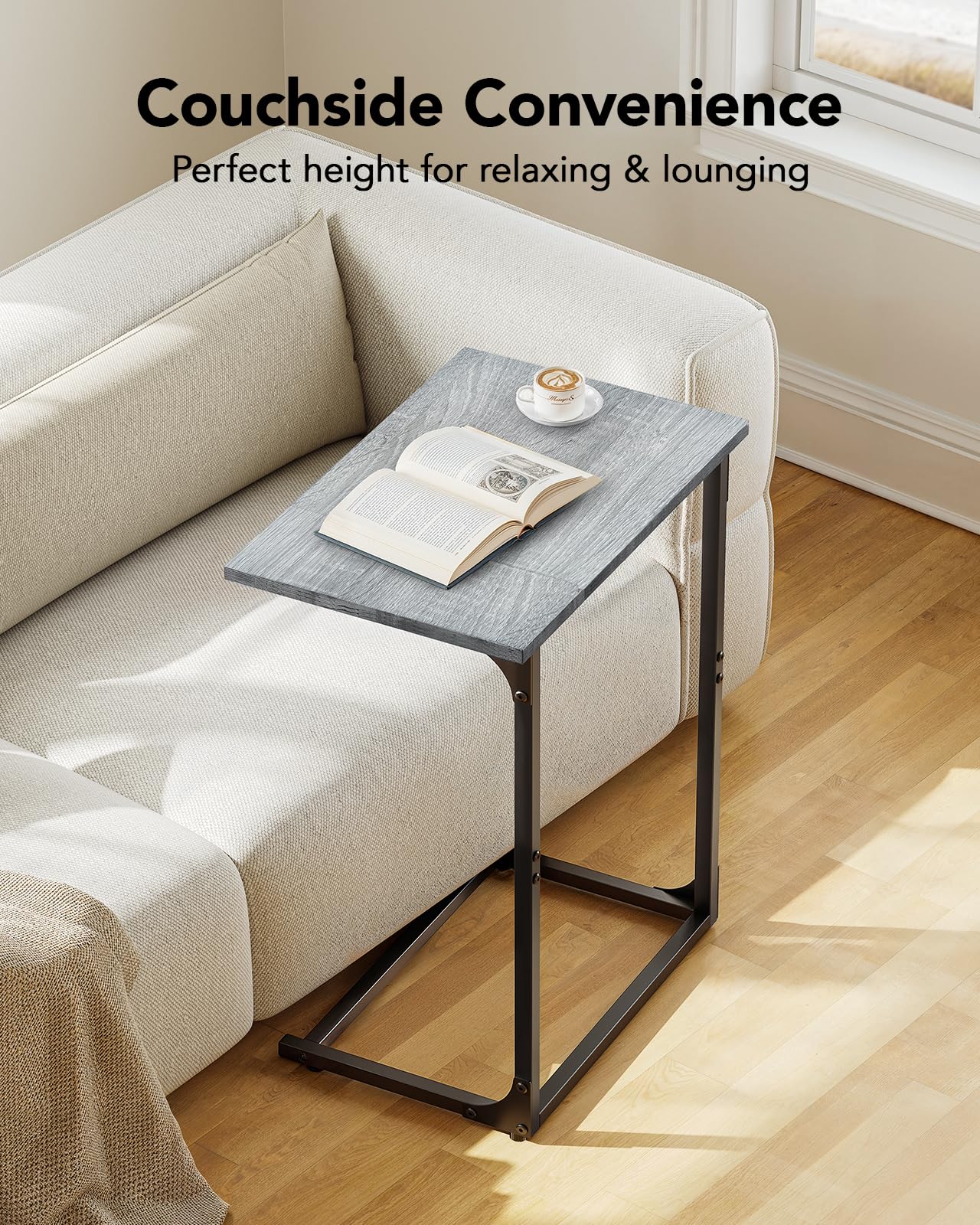 Pipishell C-Shaped Side Table, C Table for Sofa with Two-Piece Desktop & Metal Frame, Large Surface End Table for Living Room, Bedroom, Bedside, Rustic Design, Grey