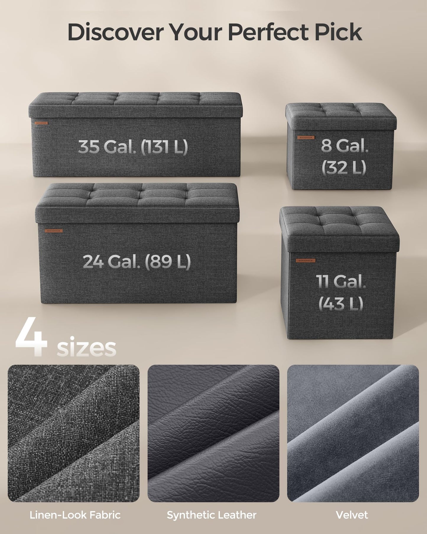 SONGMICS Storage Ottoman, Foldable Small Ottoman Foot Rest, 15 Inches Foot Stool, Cube Ottoman with Storage, Load up to 660 lb, for Living Room, Bedroom, Dorm, Dark Gray ULSF27Z