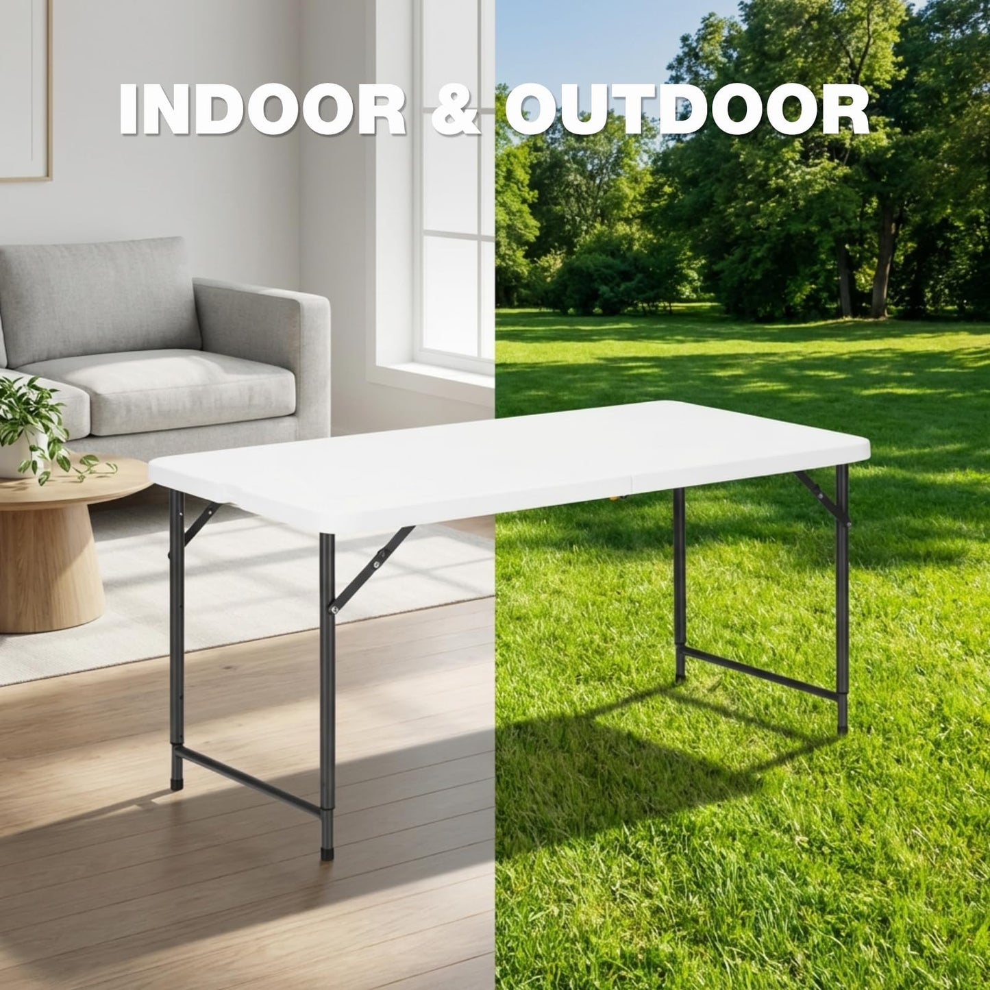 GlowitLian 4ft Folding Table with Adjustable Height, 3-Level Foldable Table with HDPE Top & Steel Legs, Portable 4 Foot Folding Table for Picnic, Party, Craft, Indoor Outdoor Use, White