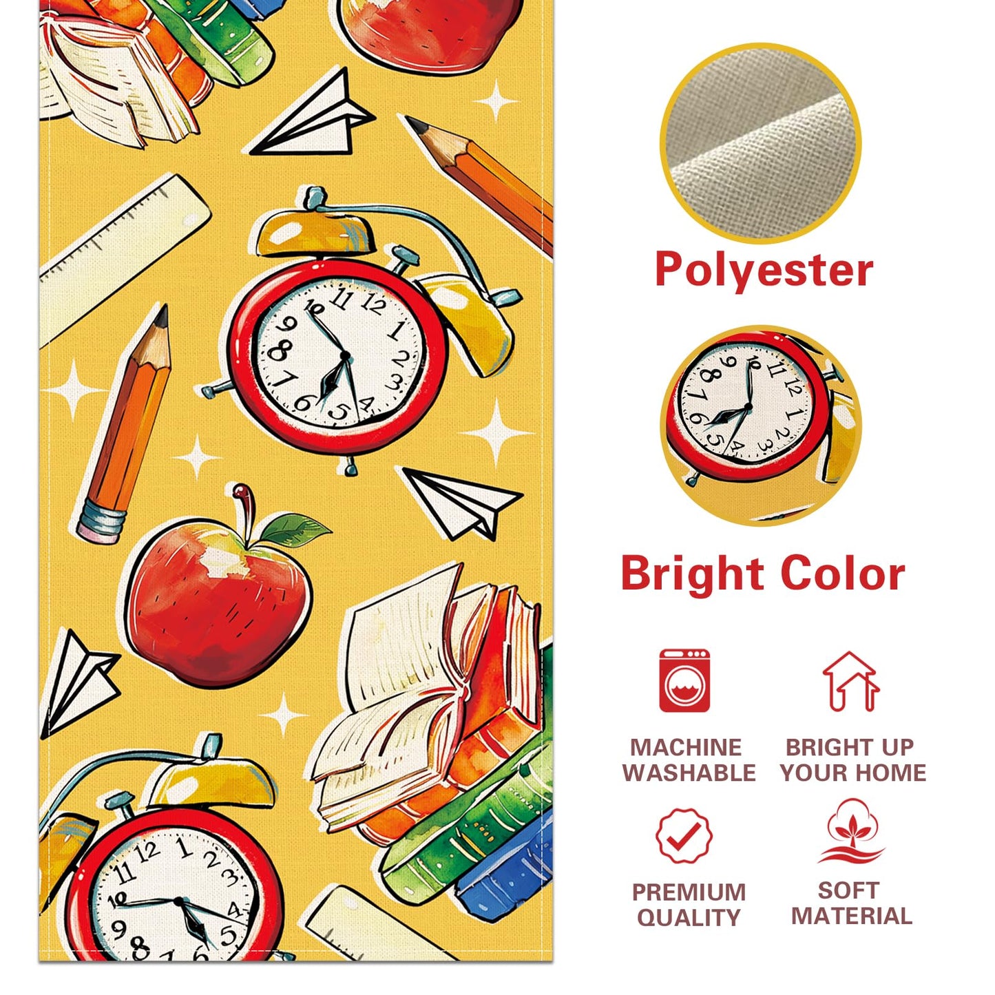Croar Back to School Classroom Dining Table Runner, First Day of School Book Apple Clock Kindergarten Burlap Kitchen Decoration, Pencil Ruler Indoor Outdoor Home Party Decor Teacher Supply 13''x72''