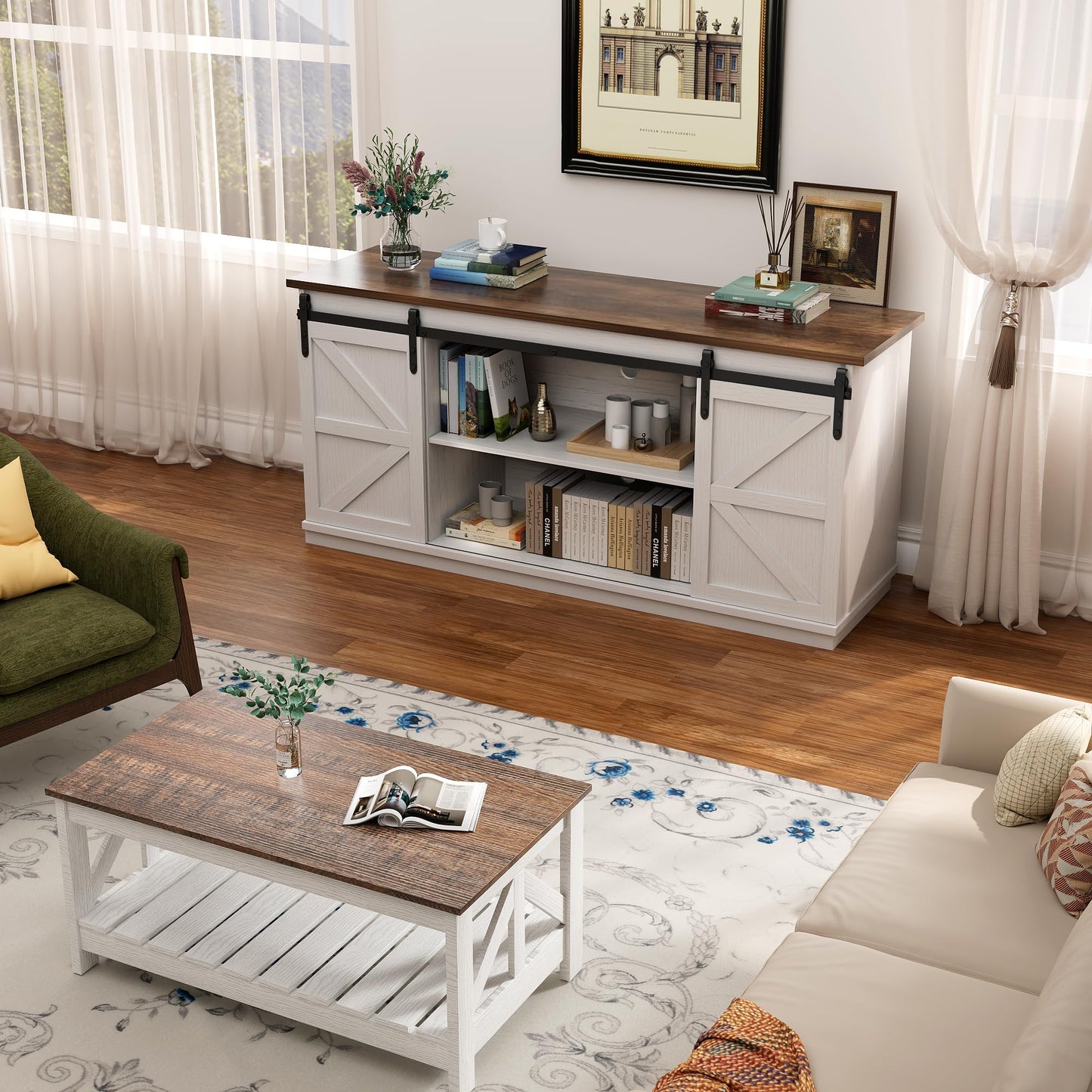 YESHOMY Farmhouse TV Stand for Televisions up to 65 Inches, Sliding Barn Doors and Storage Cabinets, Console Table and Media Furniture for Living Room, 58 Inch, White