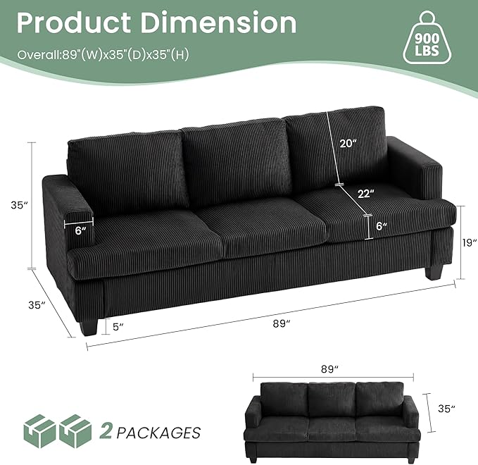 2 Pieces Corduroy Couch Set for Living Room, Deep Seat Floor Couch for Bedroom