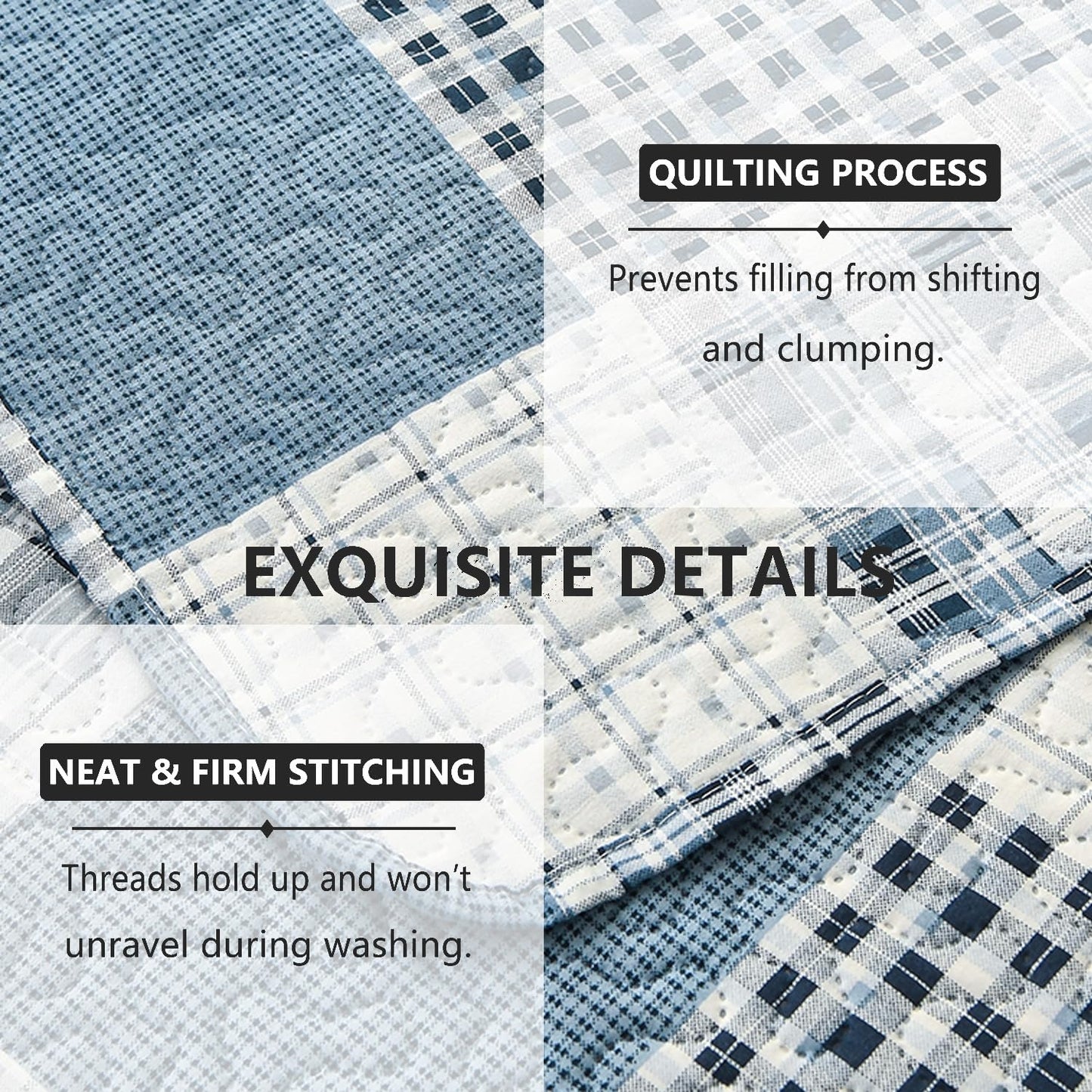 Jarson 3 Piece Plaid Daybed Cover Set Twin Blue Gray White Patchwork Quilted Daybed Bedding Sets Double Side Cozy Sofa Daybed Cover with 2 Shams