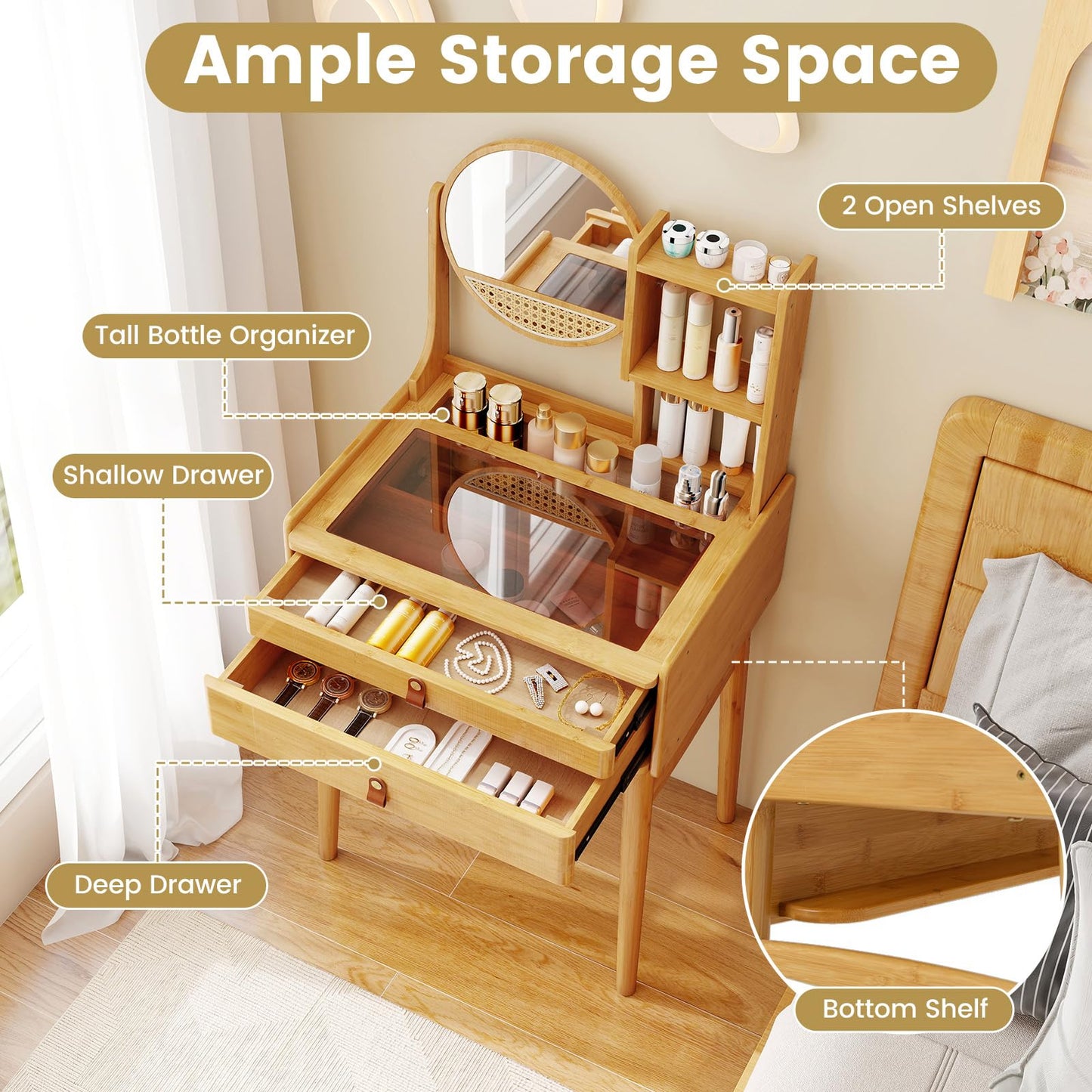 COSTWAY Vanity Desk with Mirror, Bamboo Makeup Vanity Set w/ 2 Drawers, 2 Shelves, Tabletop Storage Compartment & Clear Tempered Glass Tabletop, Small Bedroom Dressing Table for Adult Teens