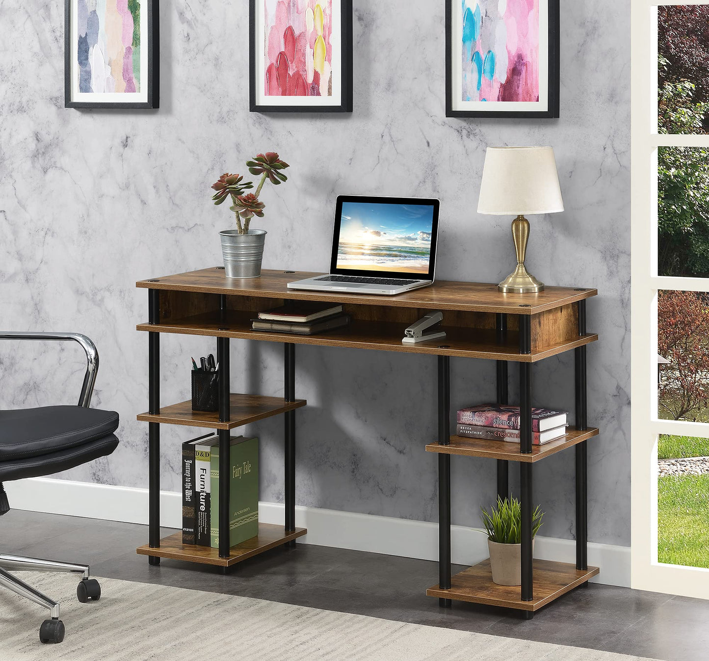 Convenience Concepts Designs2Go No Tools Desk - Home Office Desk with Shelves, Corner Shelf, Vanity Desk, Computer Desk, Nail Table for Nail Tech, 47.25" L x 15.75" W x 30" H, Barnwood/Black