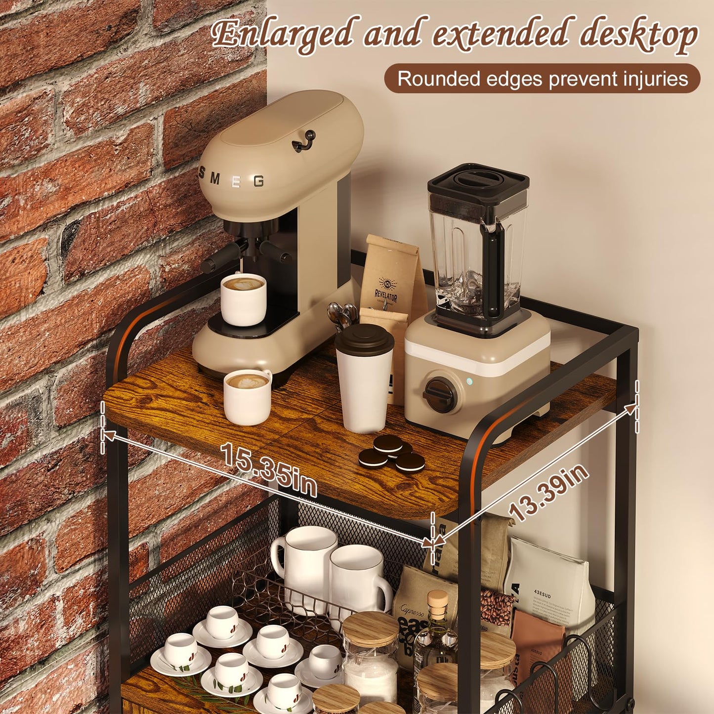 Hencawima Small Coffee Bar Cabinet with Storage, 3-Tier Rolling Coffee Bar Table, Farmhouse Coffee Cart Station with 2 Doors for Living Room, Dining Room, Rustic Brown