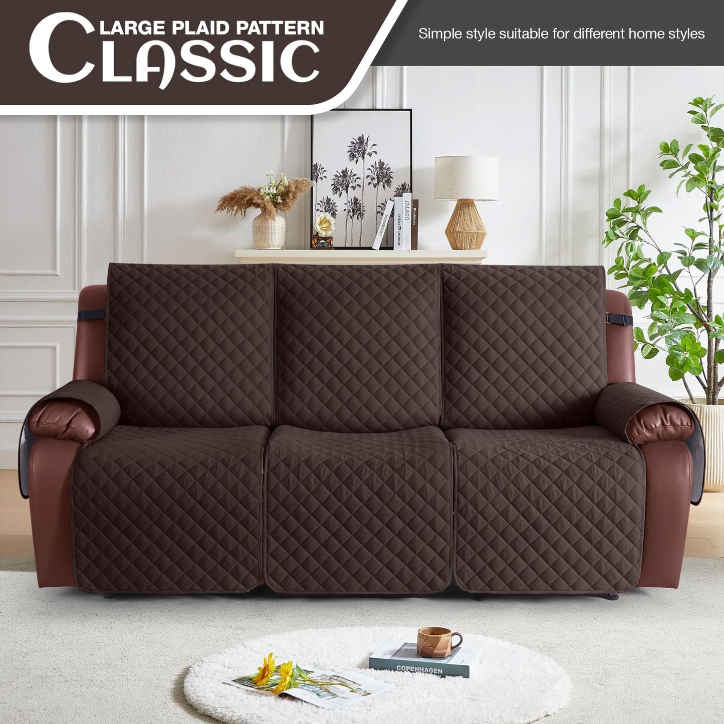 KinCam Waterproof Recliner Sofa Cover, Non-Slip Reclining Couch Covers for 3 Seat, Recliner Couch Cover Furniture Protector with Elastic Straps for Pets, Kids, Chocolate