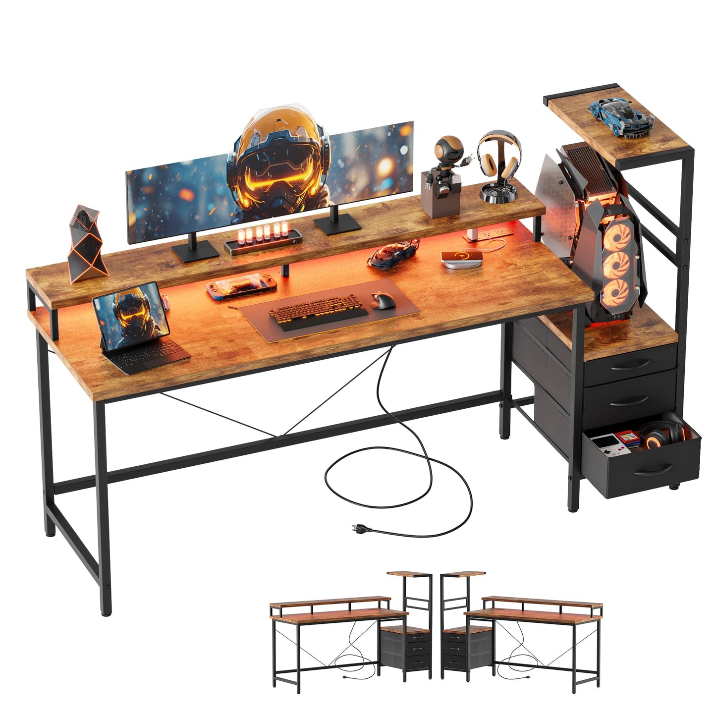 Mericonia 60 inch Gaming Desk with LED Lights & Power Outlets, Reversible Computer Desk with Storage Drawers & Monitor Stand, Large Gaming Table for Home Office