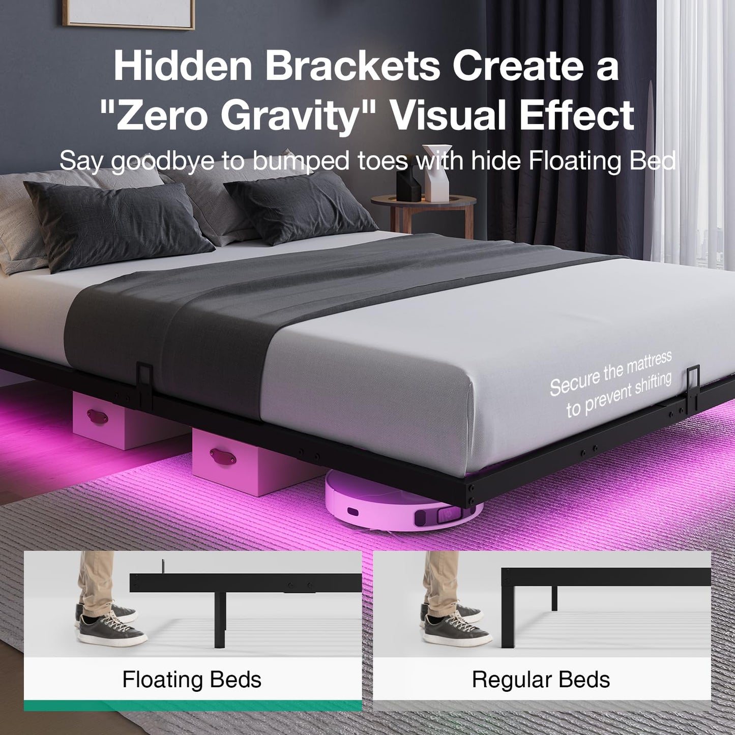 Novilla Floating Bed Frame with LED Lights, Modern Platform Full Size Bed Frame with Mattress Slide Stopper, Easy Assembly, No Box Spring Needed, Noise Free