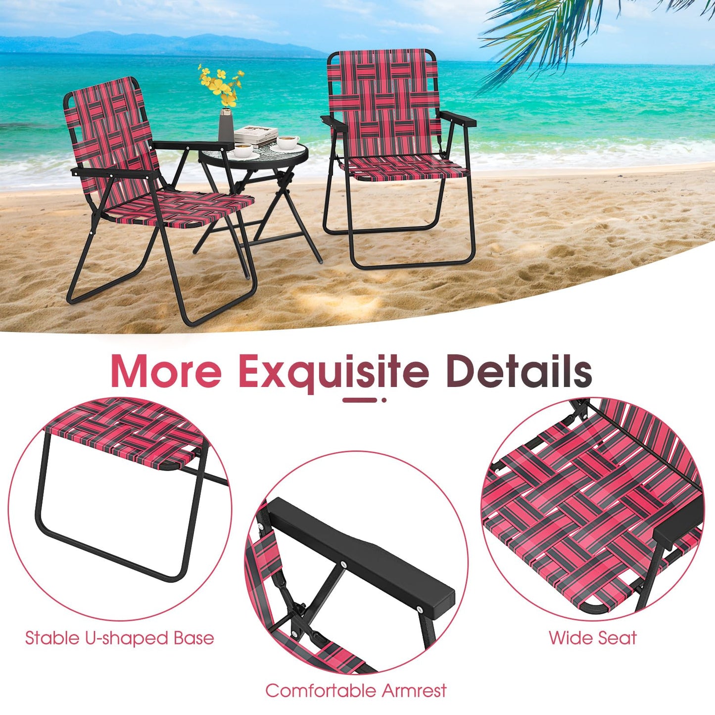 Giantex Beach Chairs Set of 6, Patio Folding Lawn Chairs for Adults, Outdoor Webbing Chair w/Steel Frame, Lightweight & Portable Camping Chairs for Fishing, Yard, Garden, Poolside Webbed Chairs, Red