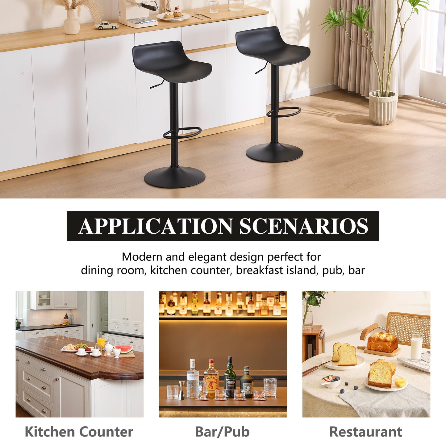YOUNIKE Black Adjustable Height Bar Stools Set of 2 Plastic Swivel Barstool with Low Back Modern Kitchen Counter Island Bar Chairs for Breakfast Nook Cafe Bars Office
