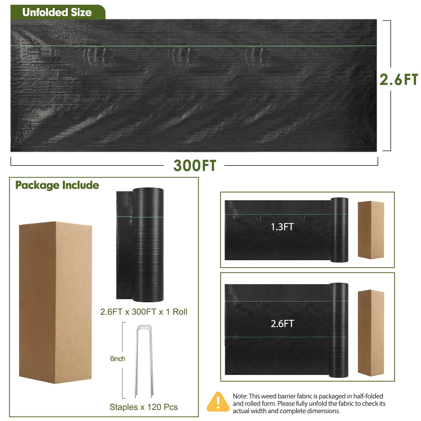 HongWay 2.6FT x 300FT Weed Barrier Fabric, Garden Cloth Woven Landscape Fabric Heavy Duty with 120 U-Shaped Securing Pegs, Lawn Weed Block Mat Ground Cover for Garden Beds, Farming