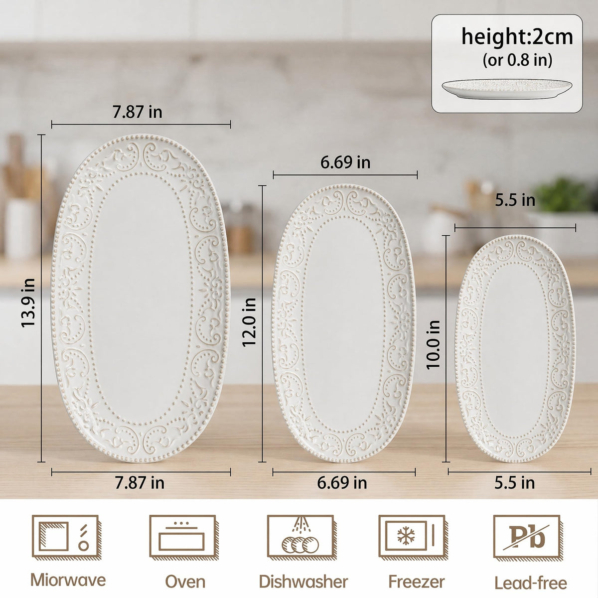 Feenmai Serving Platters Set, 14"/12"/10" Oval Ceramic Serving Plates, Embossed Serving Trays for Party, Oven Dishwasher Safe, Vintage White Serving Dishes for Entertaining, Appetizers, Pasta, Sushi