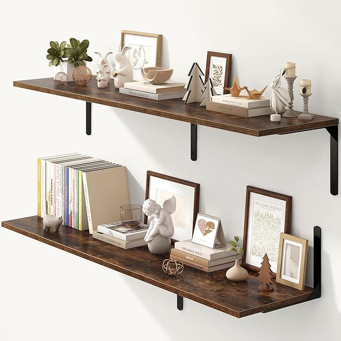 Fun Memories Rustic Brown 12 Inch Deep Floating Shelves Set of 2, Wall Mounted