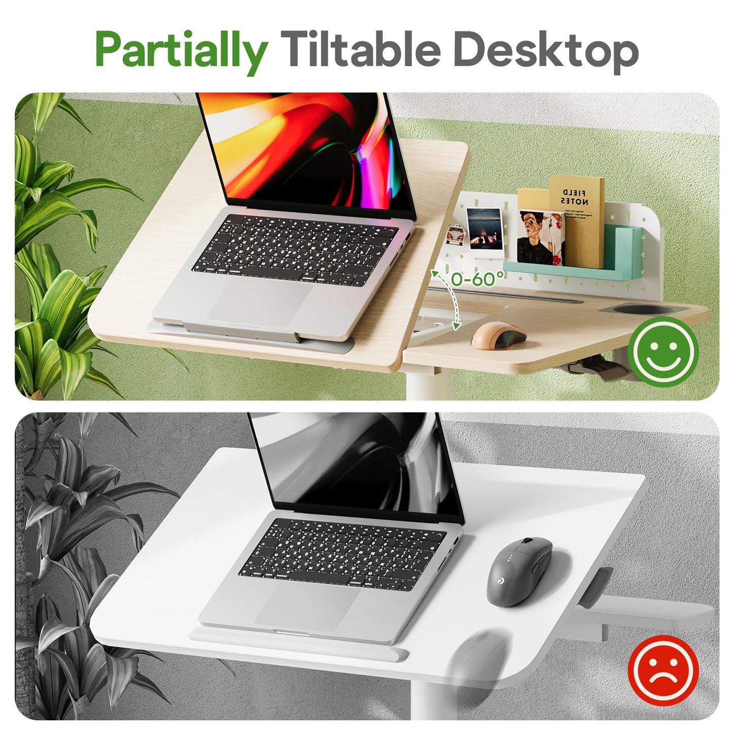 JOY worker Mobile Standing Desk with 60° Tiltable Desktop, 28" Height Adjustable Rolling Desk, DIY Pegboard & Storage Base, Portable Laptop Desk with 4 Lockable Wheels for Home Office, Oak