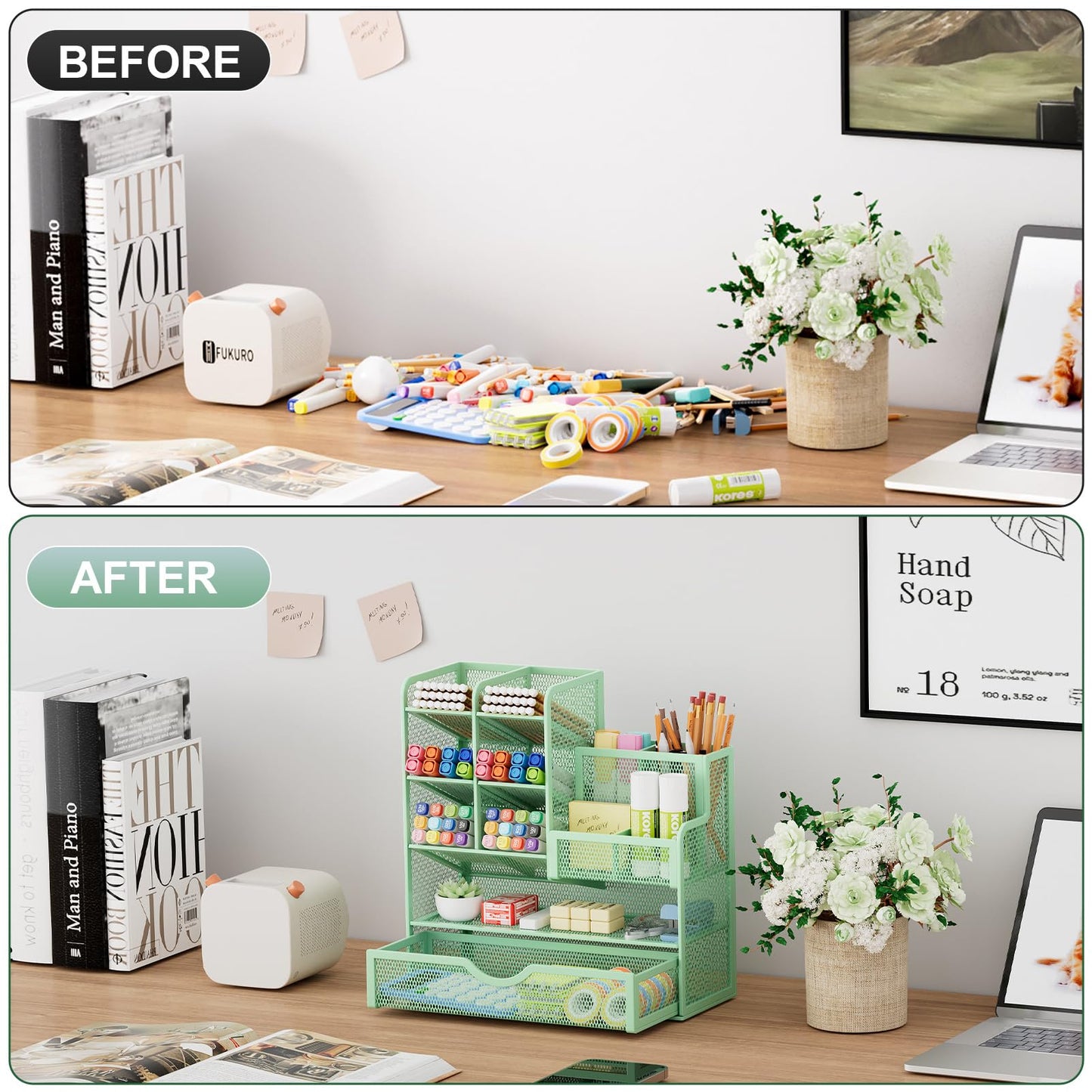 Marbrasse Mesh Pen Holder for Desk, Multi-Functional Pencil Organizer with Drawer, Desk Organizers and Accessories for Office Art Supplies (Green)