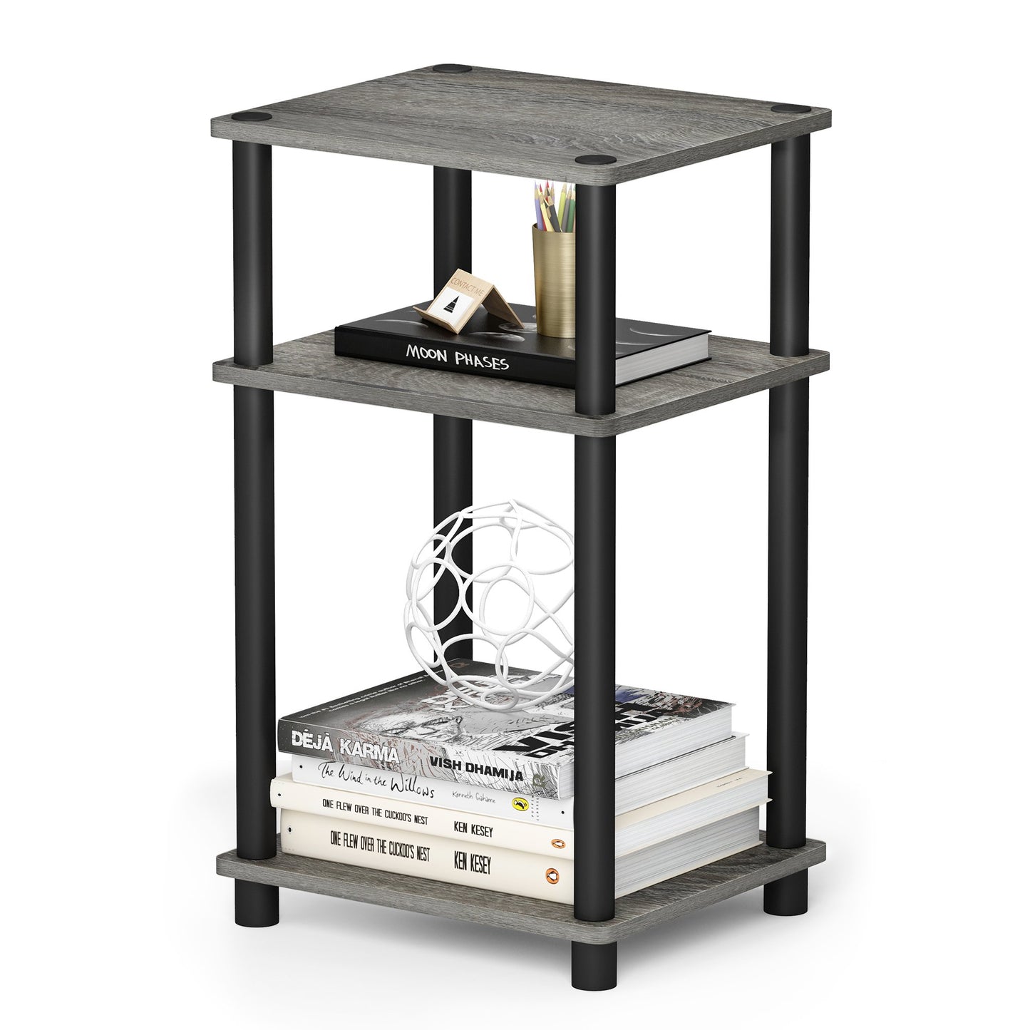 Furinno JUST Side Table, 3-Tier End Table, Open Shelves Night Stand, Bedside Table, Toolless Assembly, for Living Room, Bedroom, Bathroom, French Oak