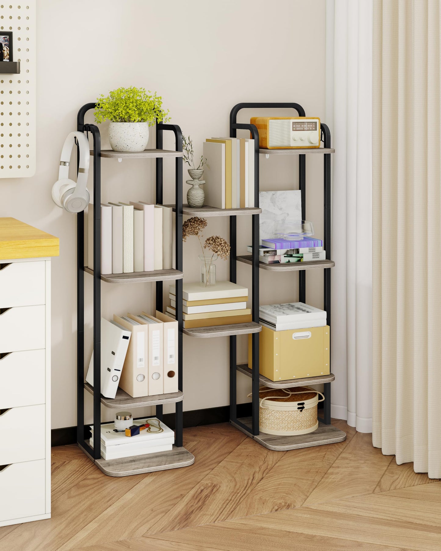 Hzuaneri 6 Tiers Vertical Shoe Rack, Narrow Shoe Tower, Tall Shoes Shelf with 2 Hooks, Adjustable Shelves, Corner Shoes Shelves for Small Spaces, Entryway, Living Room, Greige, SR04205B