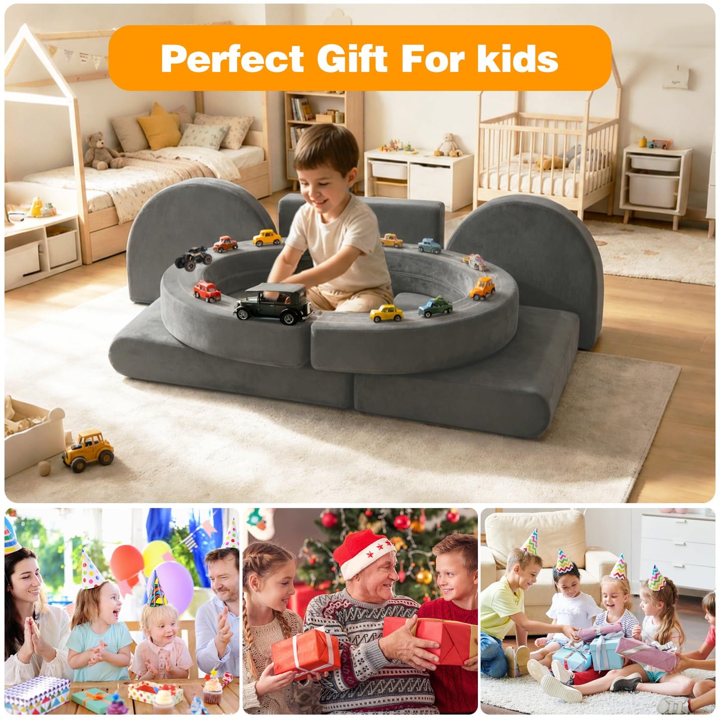 PY HOME & SPORTS Kids Modular Sofa Play Set, 7-Piece Creative Foam Couch for Children, Soft Coral Fleece, Multiple Configurations, Improves Hands-On Skills & Imagination, Compressed Packaging