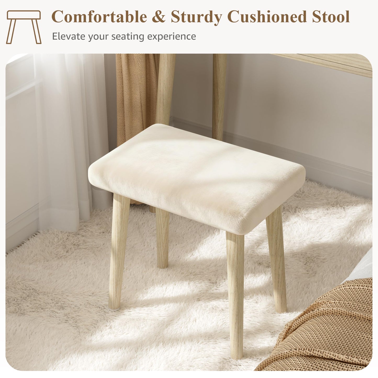 BOLUO Makeup Vanity Desk with Hollywood Mirror and Lights, Boho Girls Vanity Set with Stool, Make Up Dressing Table with Drawers and Outlet for Bedroom