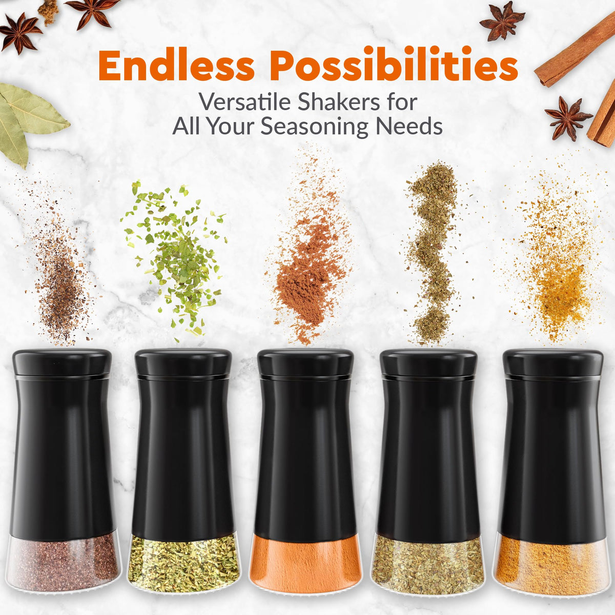 HOME EC Original Salt and Pepper Shakers Set with Adjustable Pour Holes - Black Salt Shaker and Pepper Shaker - Farmhouse Spice dispenser for salts, Ground peppercorn and spices