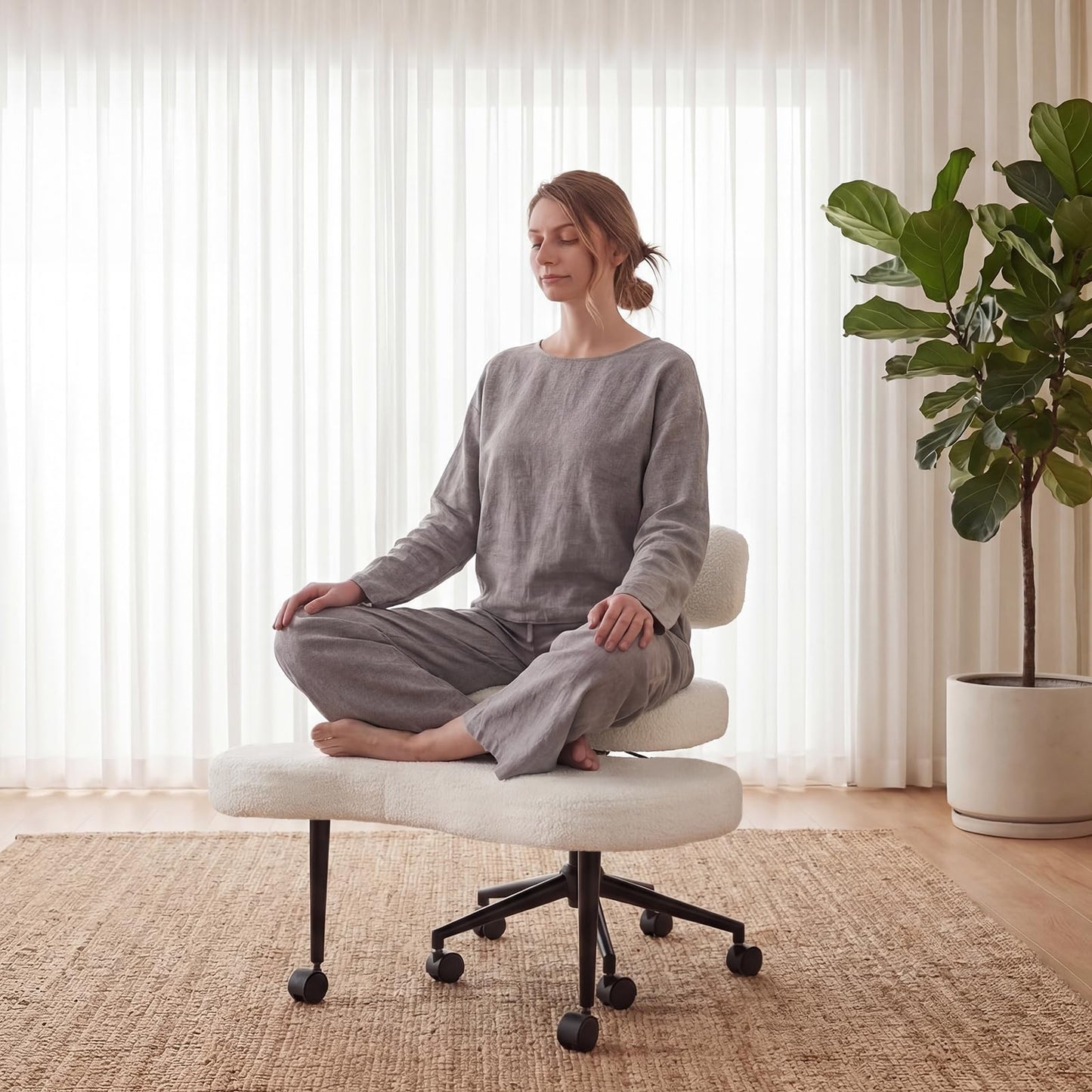 DUMOS Ergonomic ADHD Cross Legged Office Desk Chair with Adjustable Backrest, Height Adjustable Meditation Chair with 360° Swivel Footstool, Teddy Fabric Yoga Stool for Home Office, White