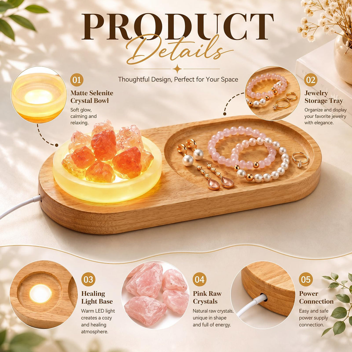 Hushee Light up Wood Jewelry Tray Crystal Holder Set of 3 - Selenite Charging Bowl & Natural Raw Rose Quartz Stone Aesthetic Room Decor for Jewelry Storage, Meditation, Ideal Gift for Women