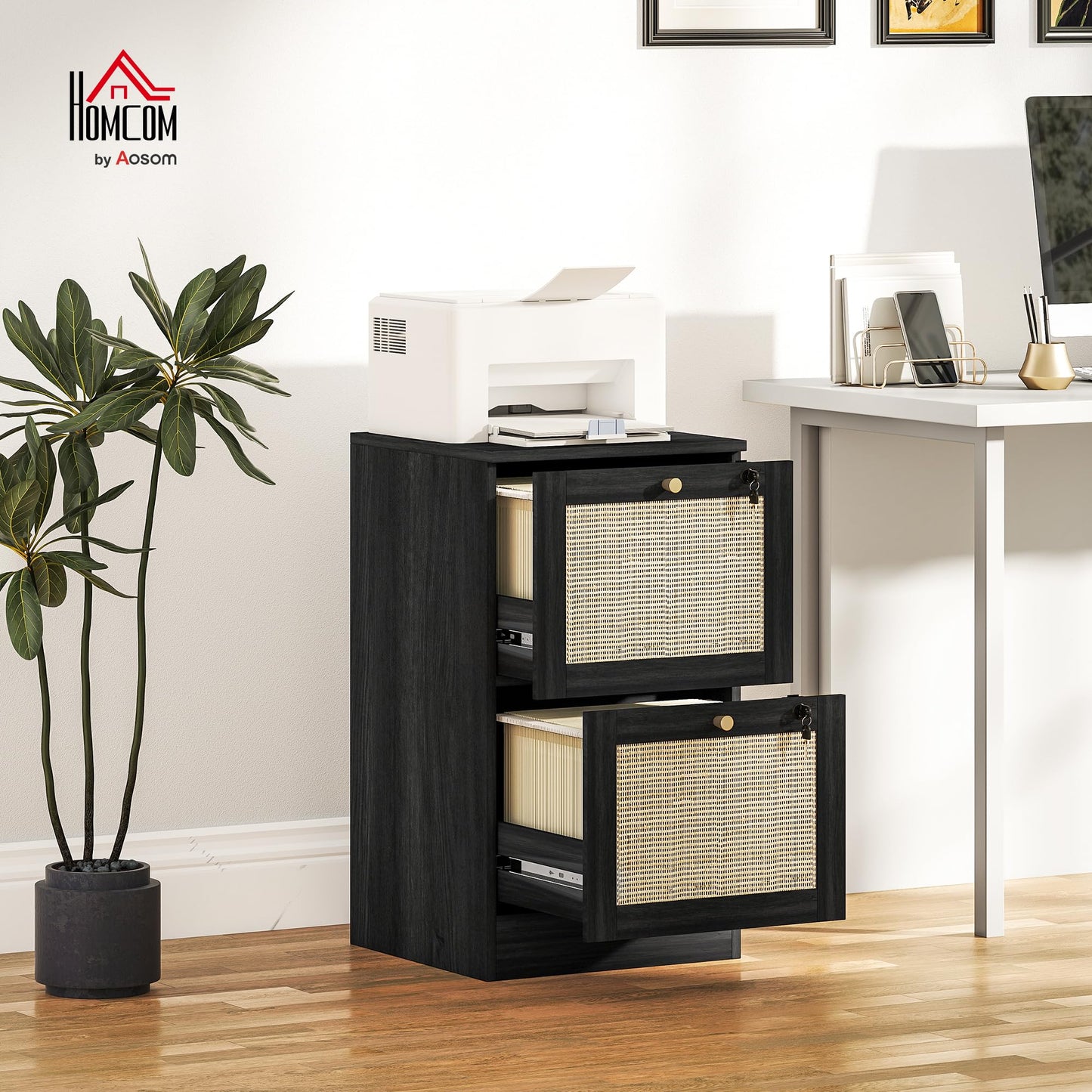 HOMCOM 2 Drawer File Cabinet with Lock, Boho Vertical Filing Cabinet for A4 Letter Size Files, Printer Stand with Decorative Rattan Accents for Home Office, Black