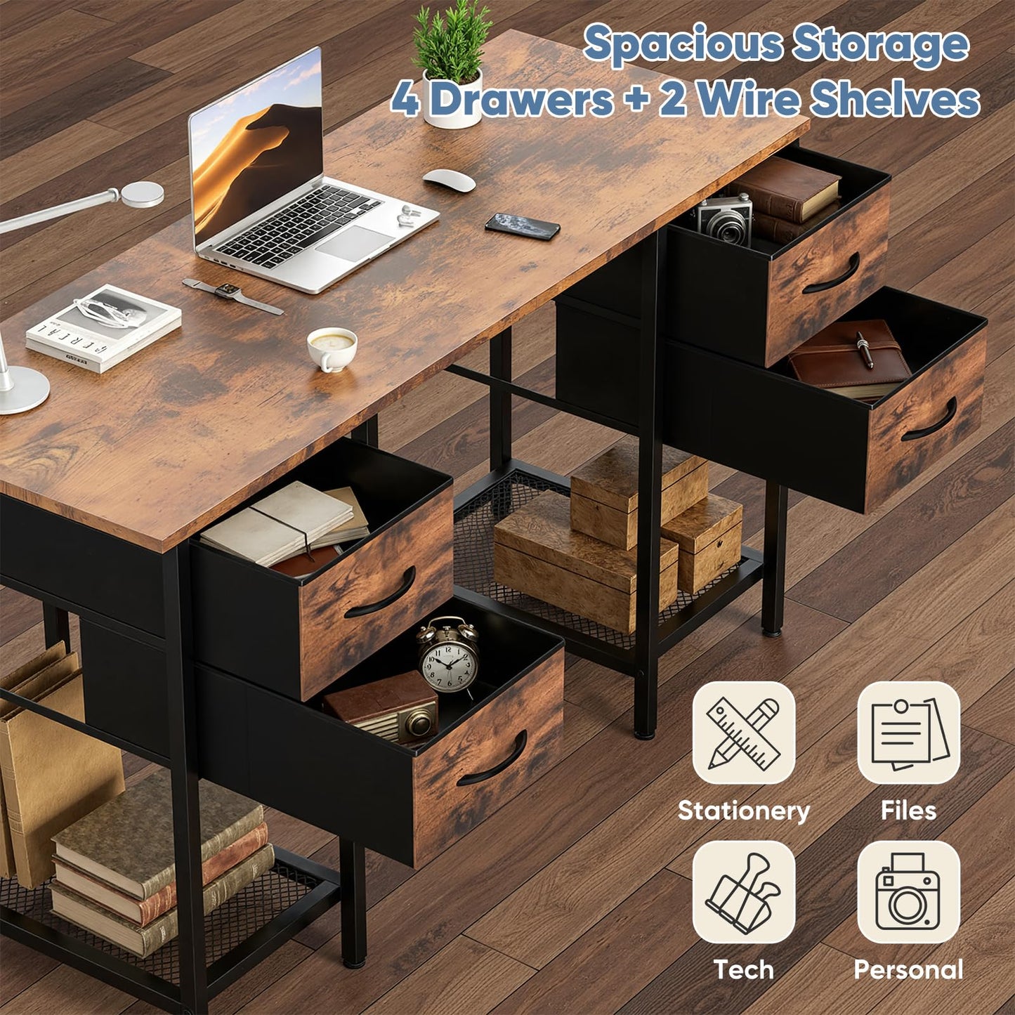 Sweetcrispy Computer Desk with Drawers 55 Inch Home Office Bedroom Table 4 Fabric Drawers 2 Mesh Storage Shelves Wood X-Shaped Writing Study PC Desk Workspace Side Hook Metal Frame Organizer Brown