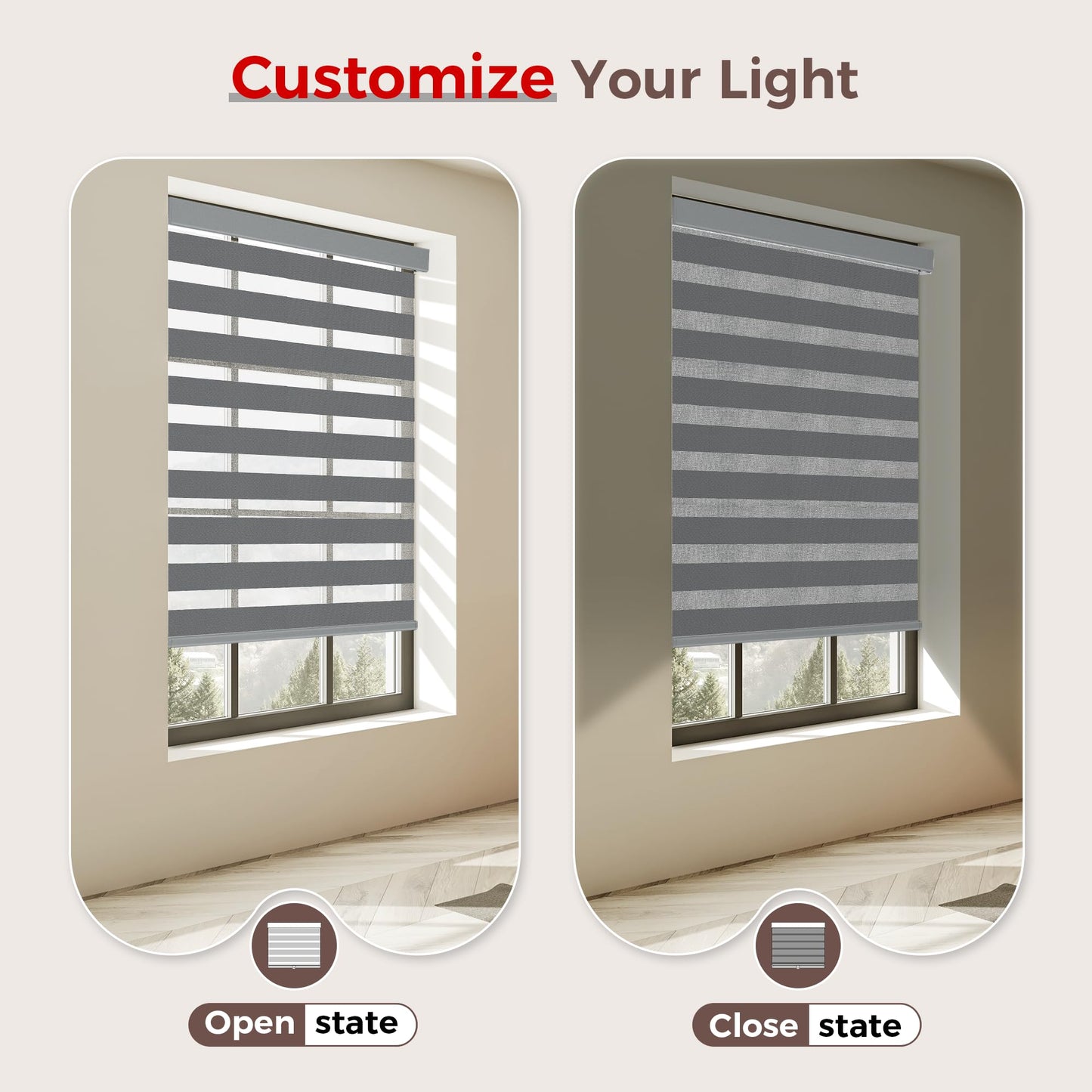 Allesin zen Cordless Zebra Blinds 22" W x 48" H Dark Gray, Dual Layer Day and Night Shades, Room Darkening Blackout & UV Protection, Child & Pet Safe, Easy Install, Home Office Window Treatment