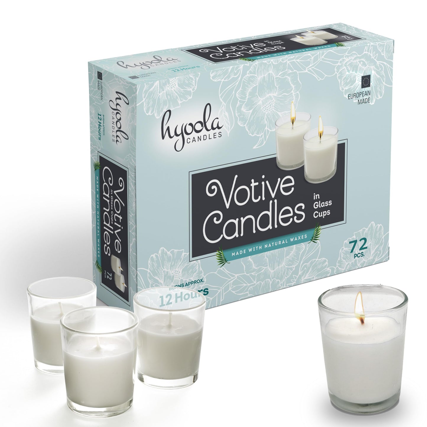 Hyoola White Votive Candles in Glass - Pack of 72 Votive Candle - 12 Hour Burn Time - Unscented Votive Candles - European Made Glass Votives