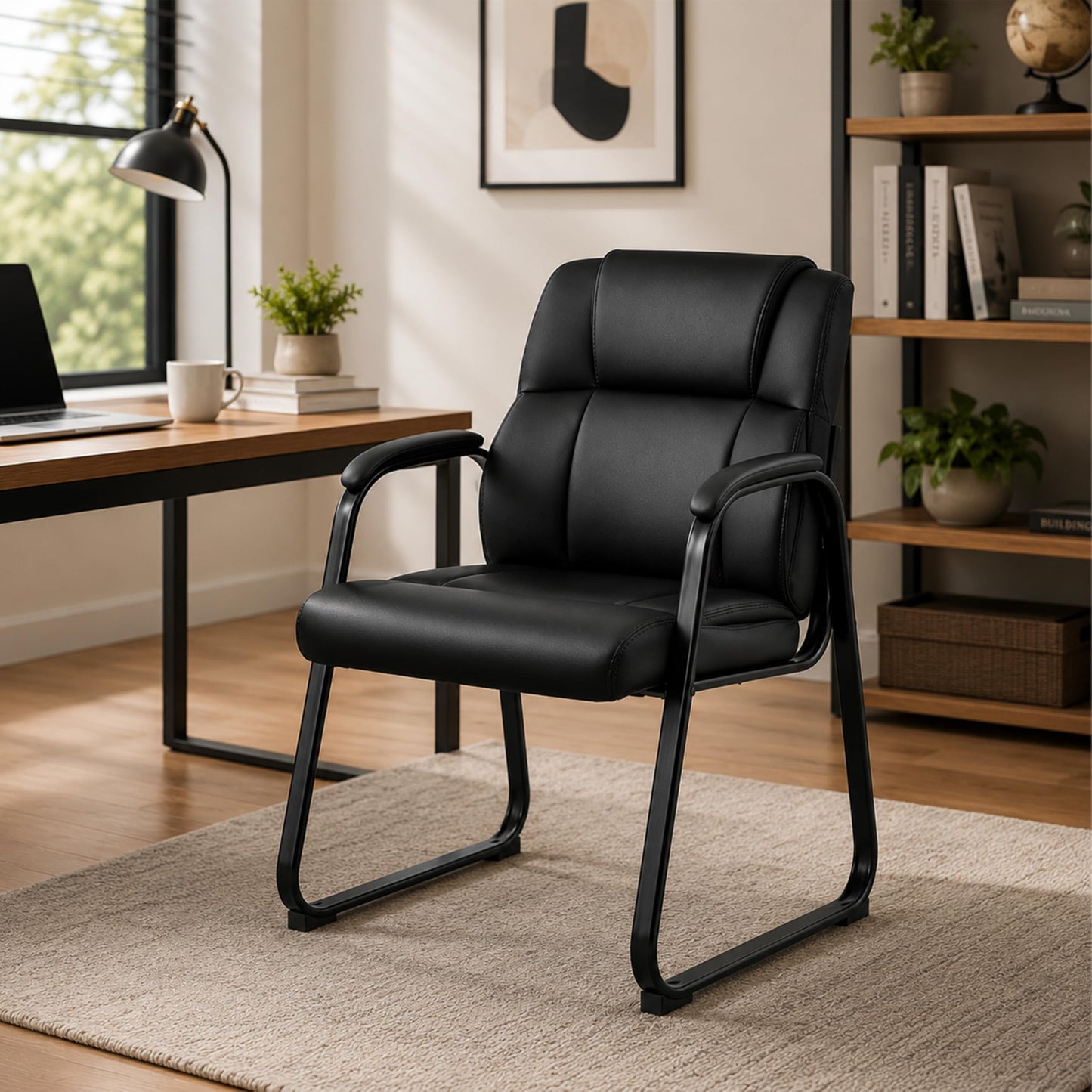Simple Deluxe Leather Guest Chairs with Padded Arms & Sled Base - Set of 2 Stationary No Wheel Waiting Room Chair for Conference Reception Rooms, Lobby, Home Office Computer Desk, Bedroom, Black