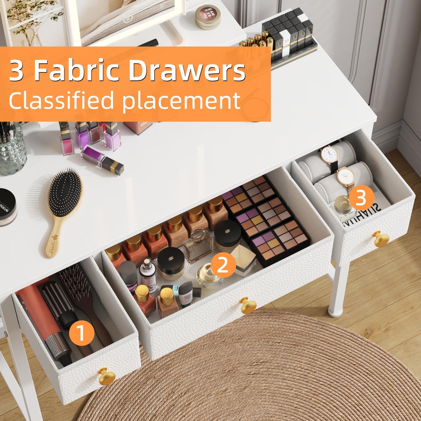 HIGDBFE Small Makeup Vanity Desk 27.5''W with Mirror and Lights, Vanity Desk with 3 Fabric Drawers and Height-Adjustable Stand, Vanity Table for Girls Gifts, Bedroom and Small Spaces, White