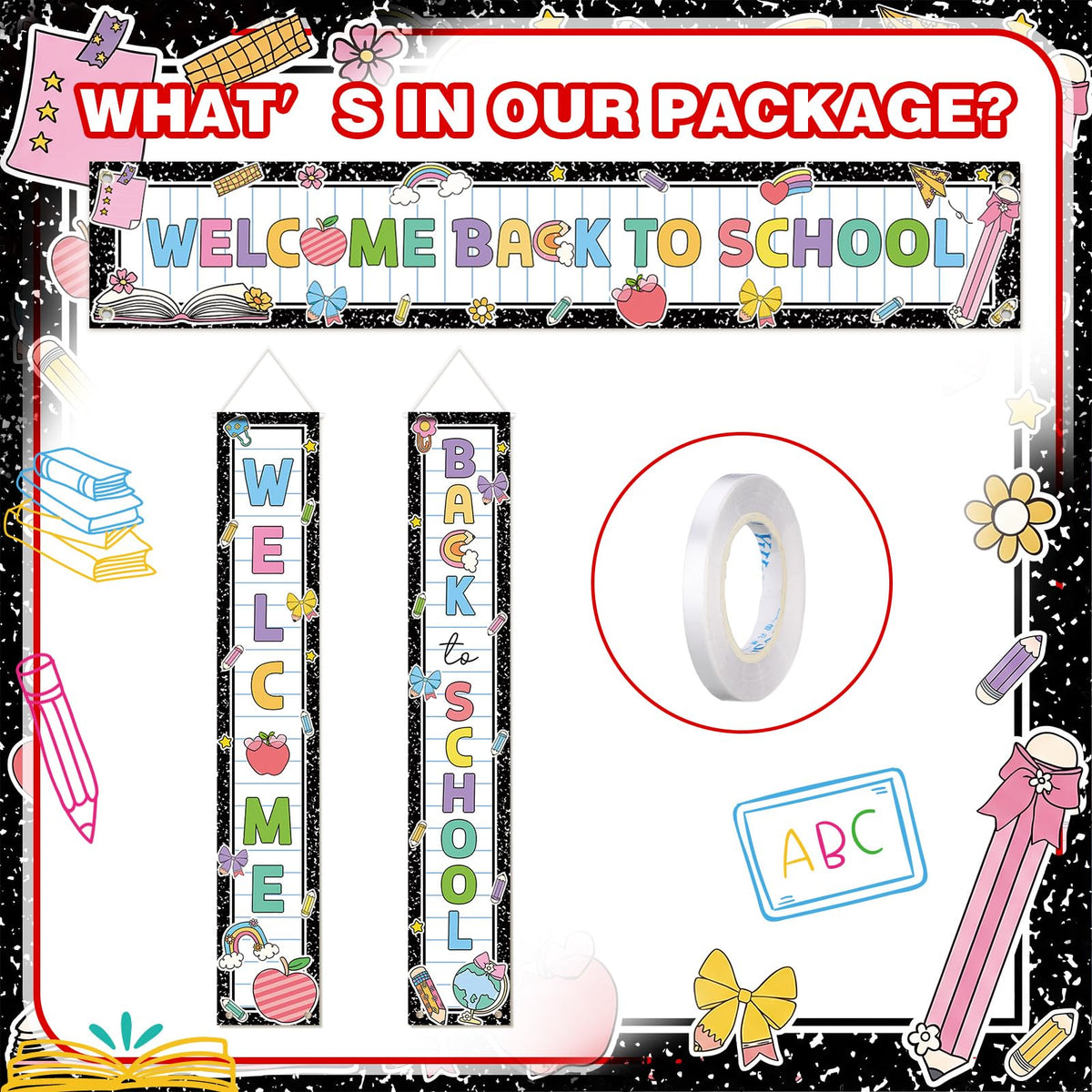 Fanfanwin 3 Pcs Welcome Back to School Banner Pastel Composition First Day of School Decoration Learning Party Supplies for Teacher Kindergarten Primary Classroom Decoration