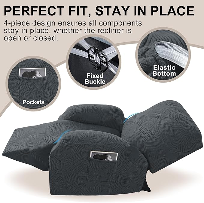 Oversized Recliner Chair Covers, 4-Piece Stretch Geometric Strokes Jacquard