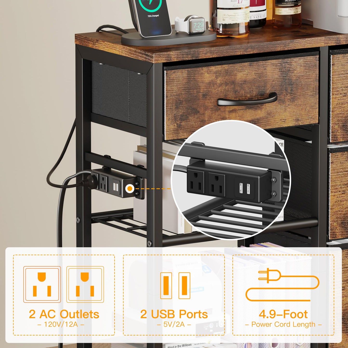 4 Drawer File Cabinet with Charging Station, Rolling Printer Stand Table with Open Storage Shelf, Mobile Fabric Filing Cabinet for Home Office, Rustic Brown