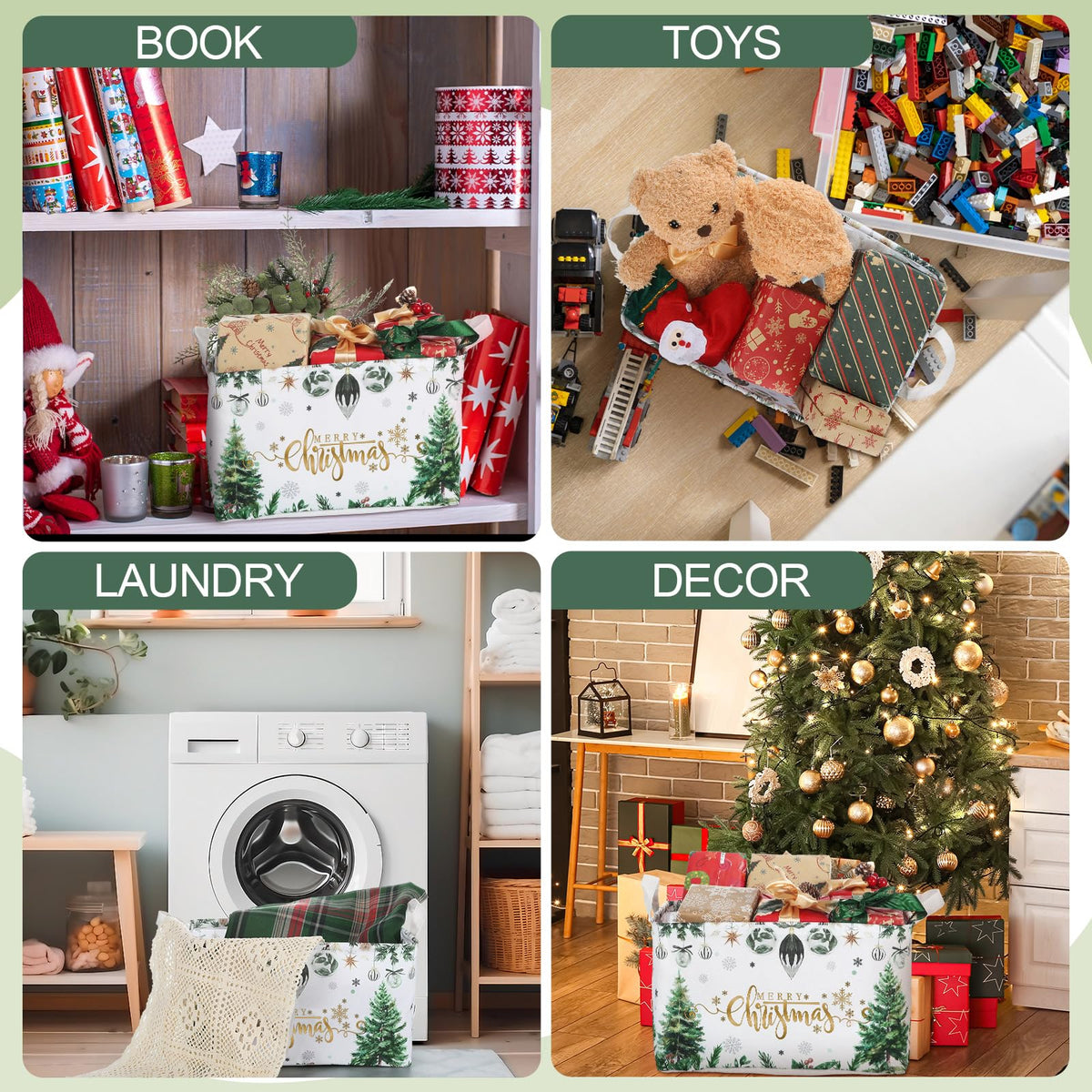 Threehoney 3Pcs Large Merry Christmas Tree Gift Storage Baskets Xmas Ball Collapsible Storage Bin Empty Candy Decor Canvas Laundry Basket Foldable Box with Handle for Home Office(Green,Classic Style)