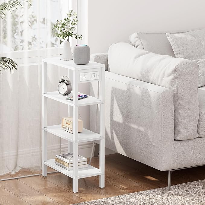 TUTOTAK Narrow Side Table with Charging Station, Small End Table with USB Ports