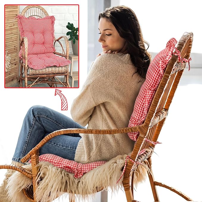 Lewtemi 2 Set Red Gingham Rocking Chair Cushion Village Ruffled Rocking Chair