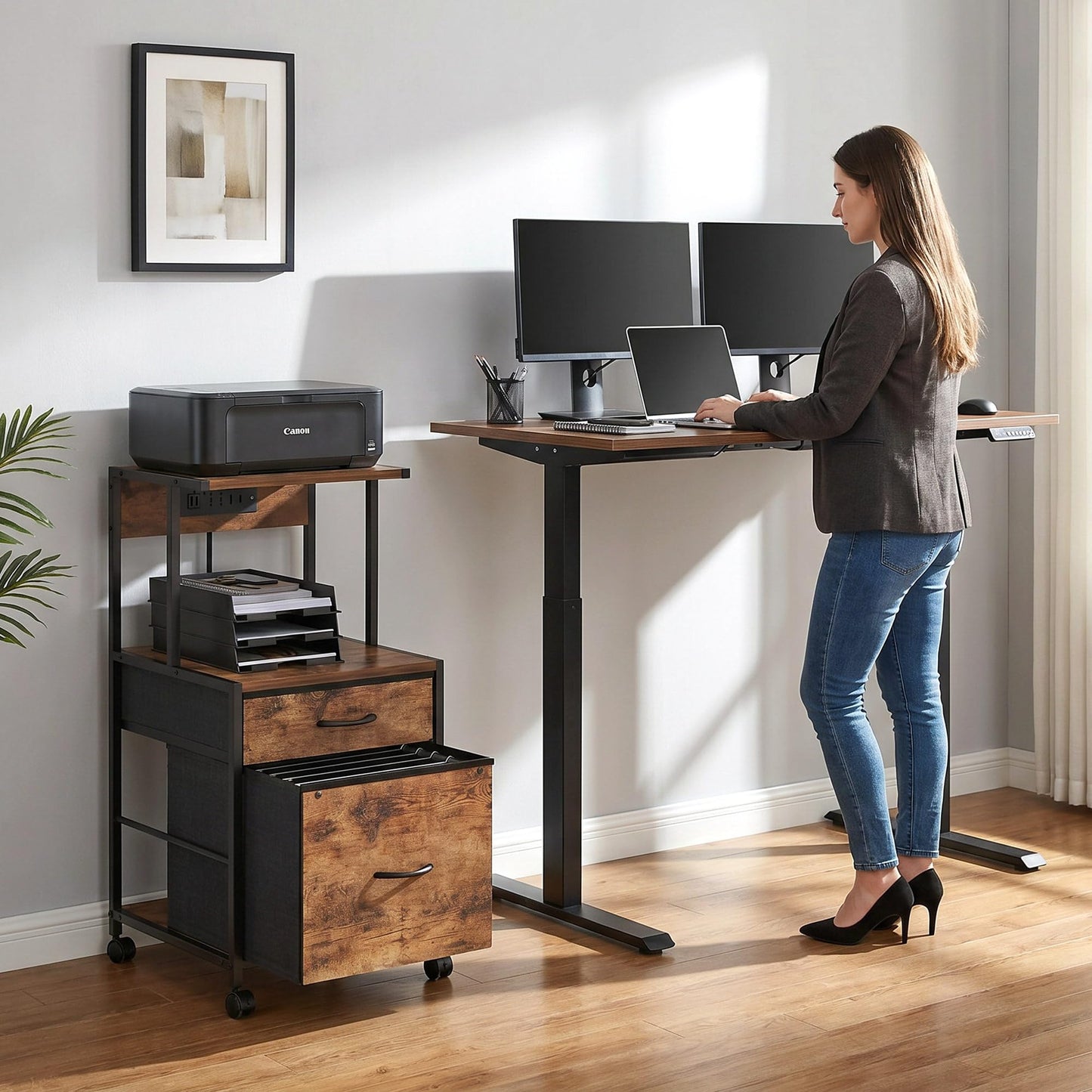 VonDream Printer Stand with Charging Station, File Cabinet for Home Office