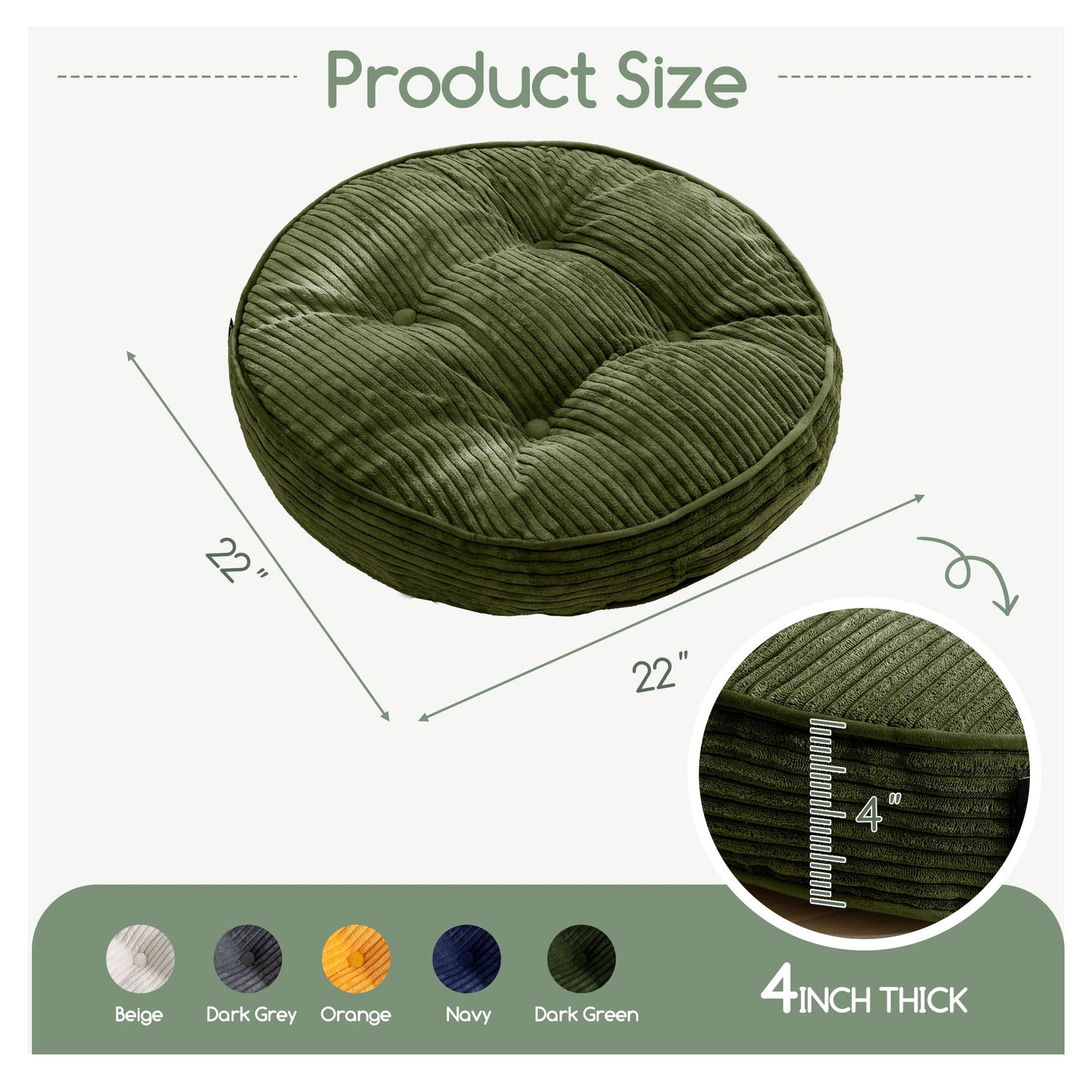 HIGOGOGO 4" Floor Pillow Cushion for Adults, Meditation Cushion Pillow, Large Round Floor Sitting, Tufted Corduroy Cover, for Tatami Living Room or Yoga, 22x22 Inch, Dark Green