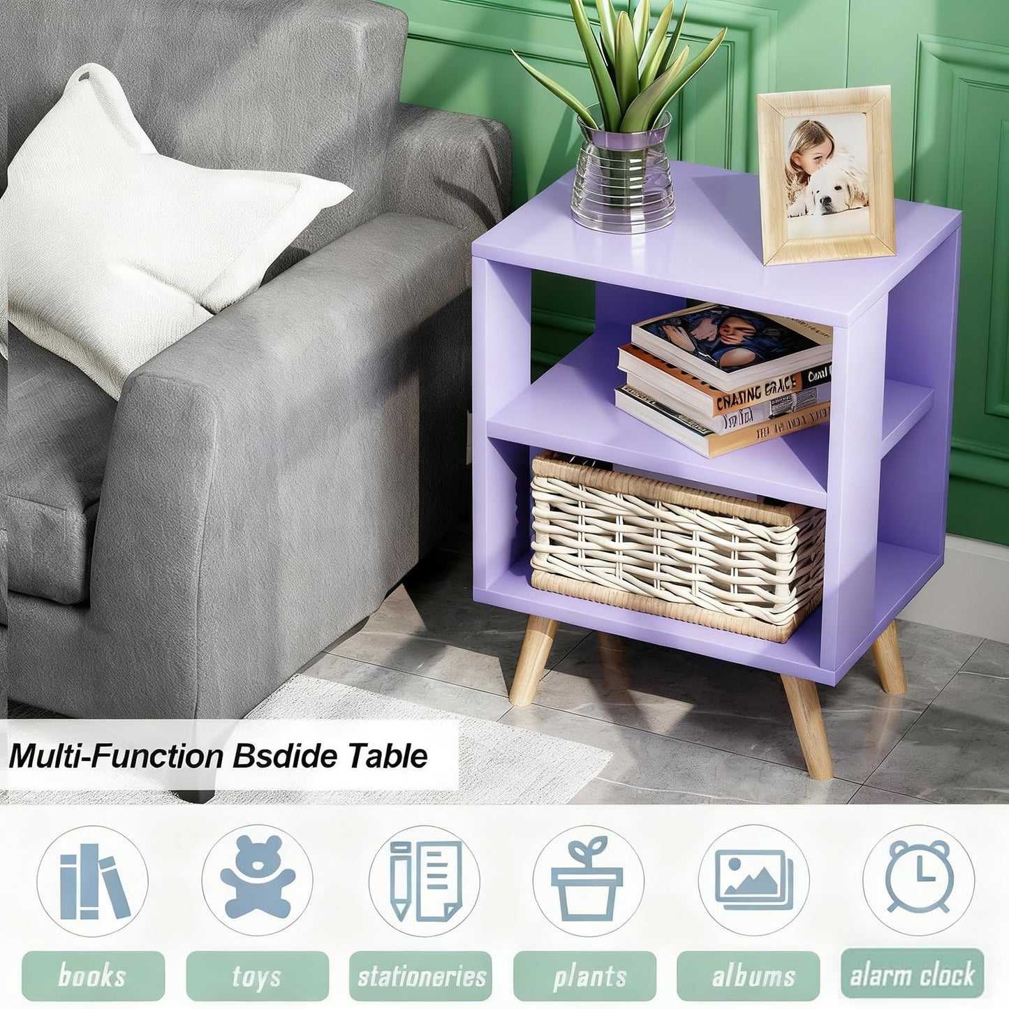 Aenuert Night Stand, Purple Nightstand, Modern End Table with Open Storage, 2-Tier Wooden Bedside Table for Small Space, Living Room, Bedroom