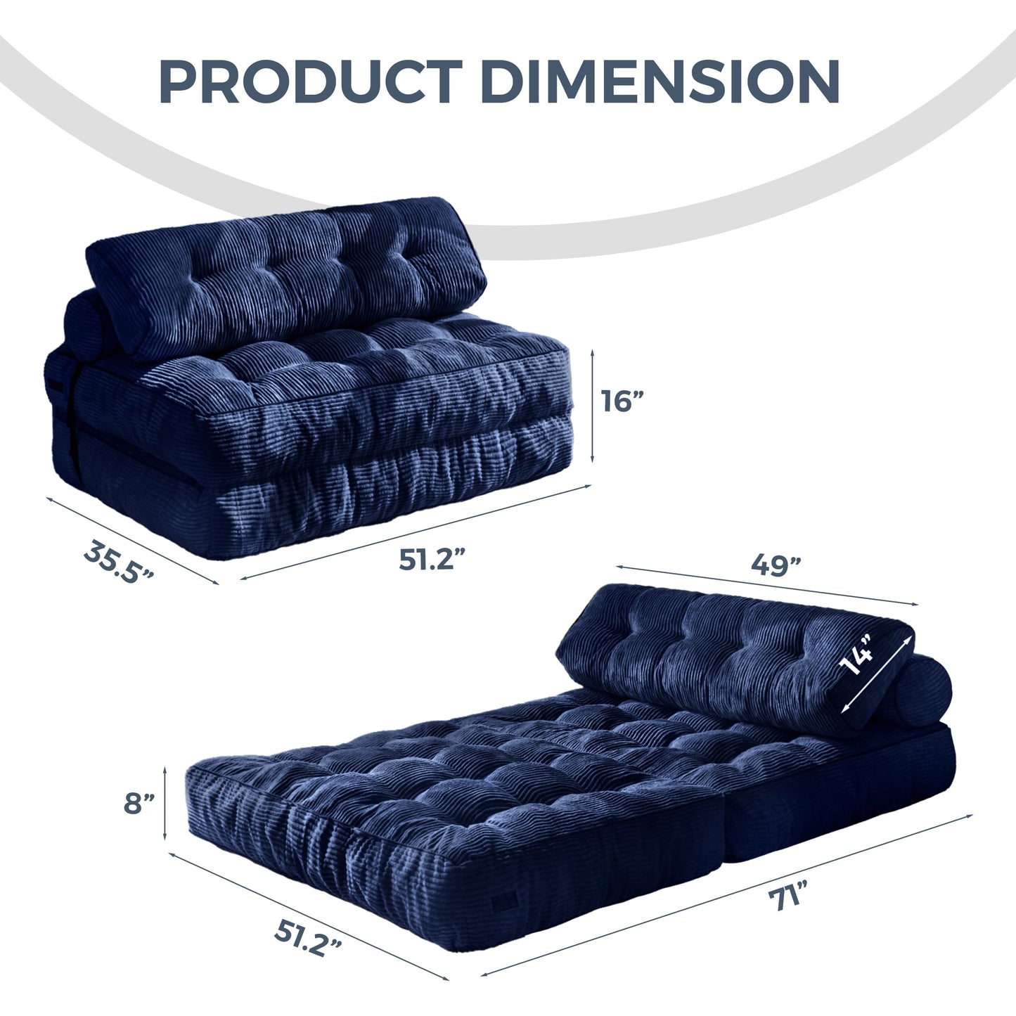 MAXYOYO Folding Sofa Bed, Convertible Chair with Pillow Foldable Couch with Back Support, Portable Fold Out Chair Bed Comfy Floor Sofa Lounge for Living Room Bedroom, Navy Double