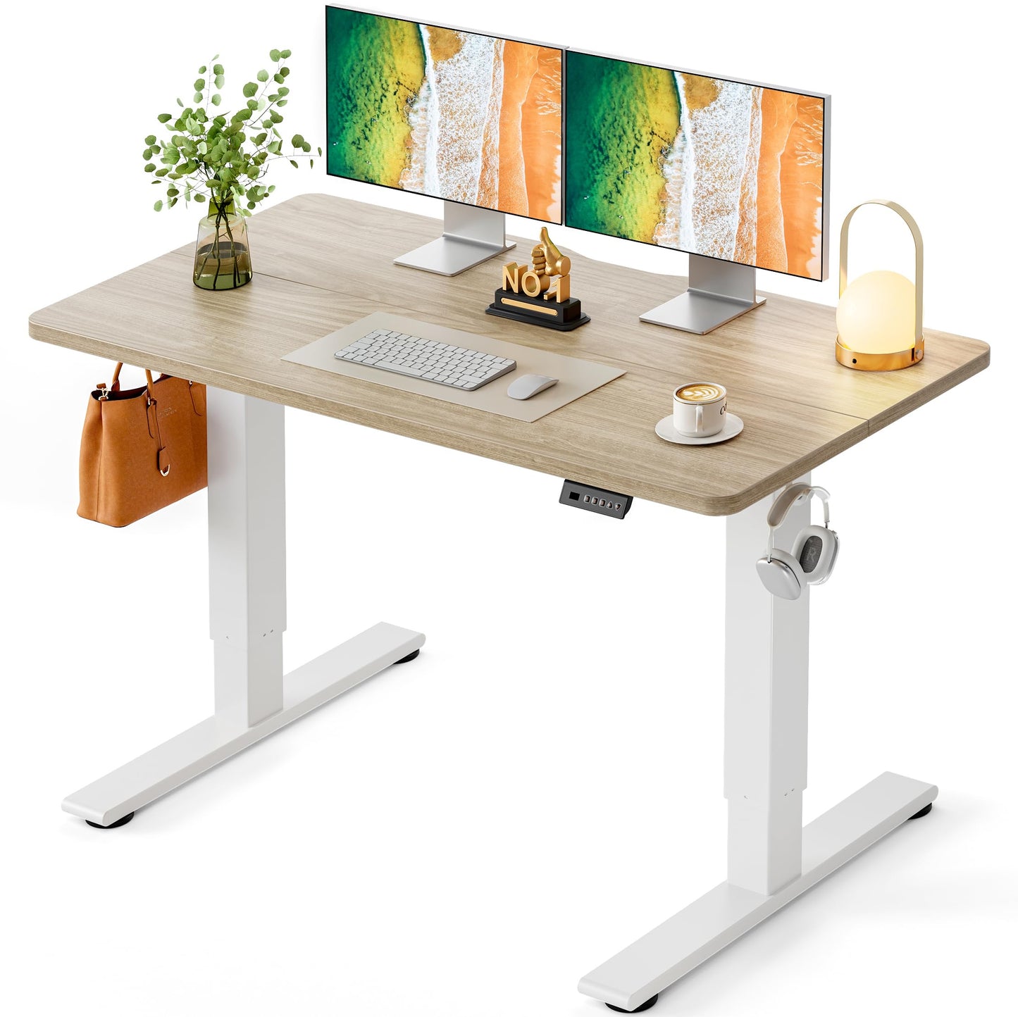 CubiCubi Electric Standing Desk 48 x 24 Inch, Height Adjustable Sit Stand Desk with Memory Presets, Splice Desktop Computer Desk for Home Office, White Frame/Light Walnut Top