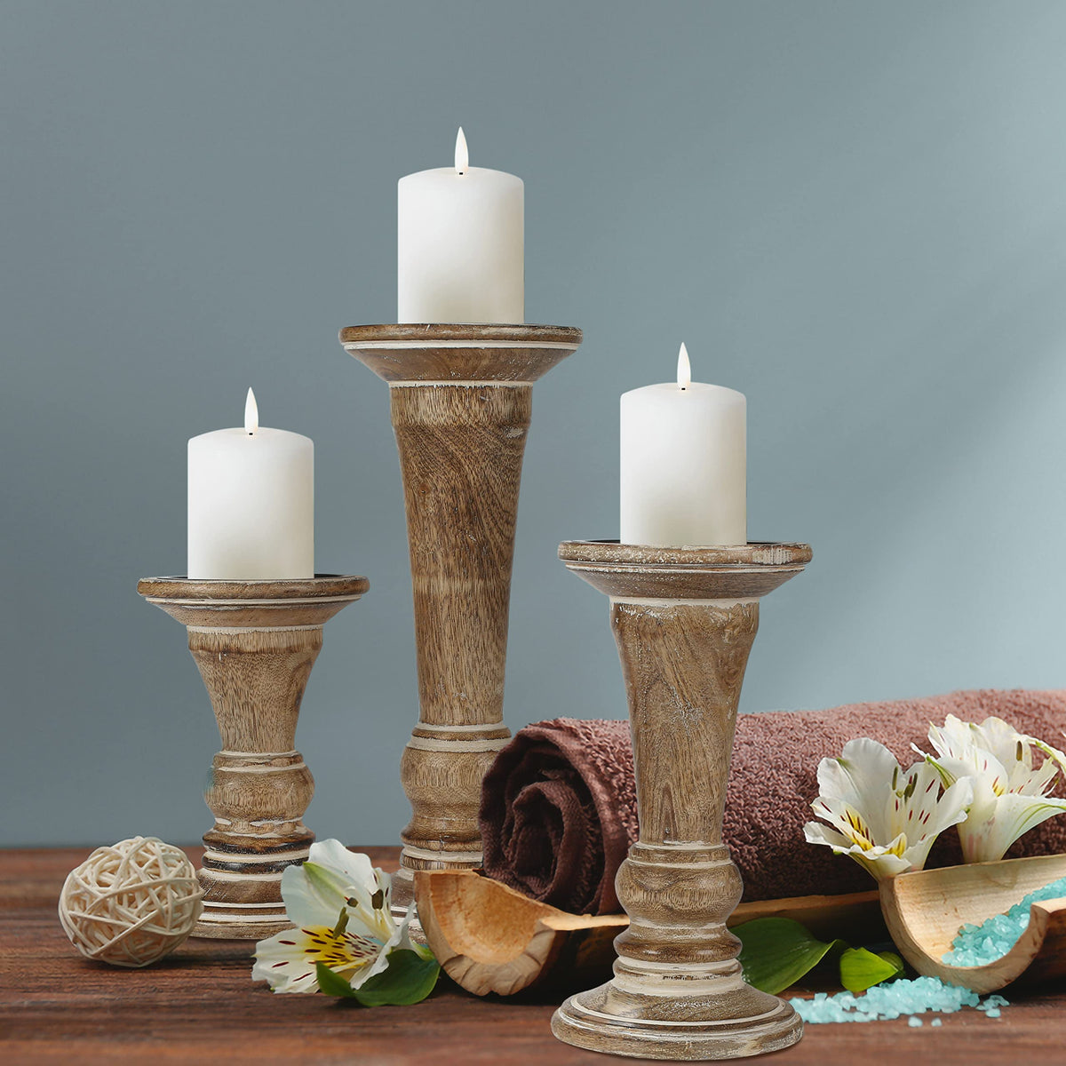 Hand Crafted Decorative Wooden Pillar Candle Holder Stand Siren Shape, Rounded Turned Colums, Country Style Ideal for Gift, Wedding, Christmas, Party, Home, Spa - 10,8,6 Inch Set of 3 - White Wash